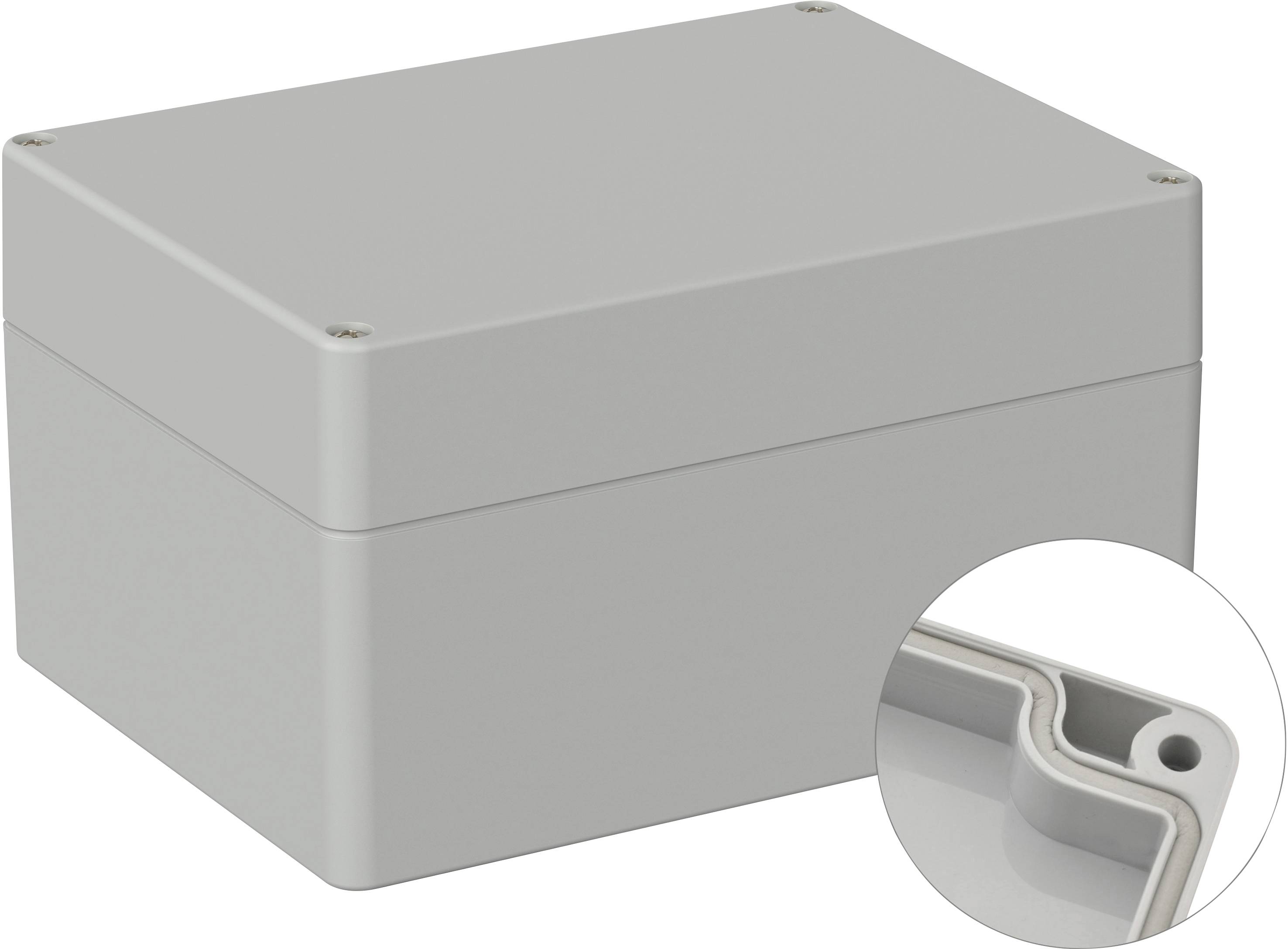 Boîte rectangulaire gris chiné avec couvercle amovible, fixée par quatre vis. Un gros plan révèle les détails du joint d'étanchéité assurant l'imperméabilité.