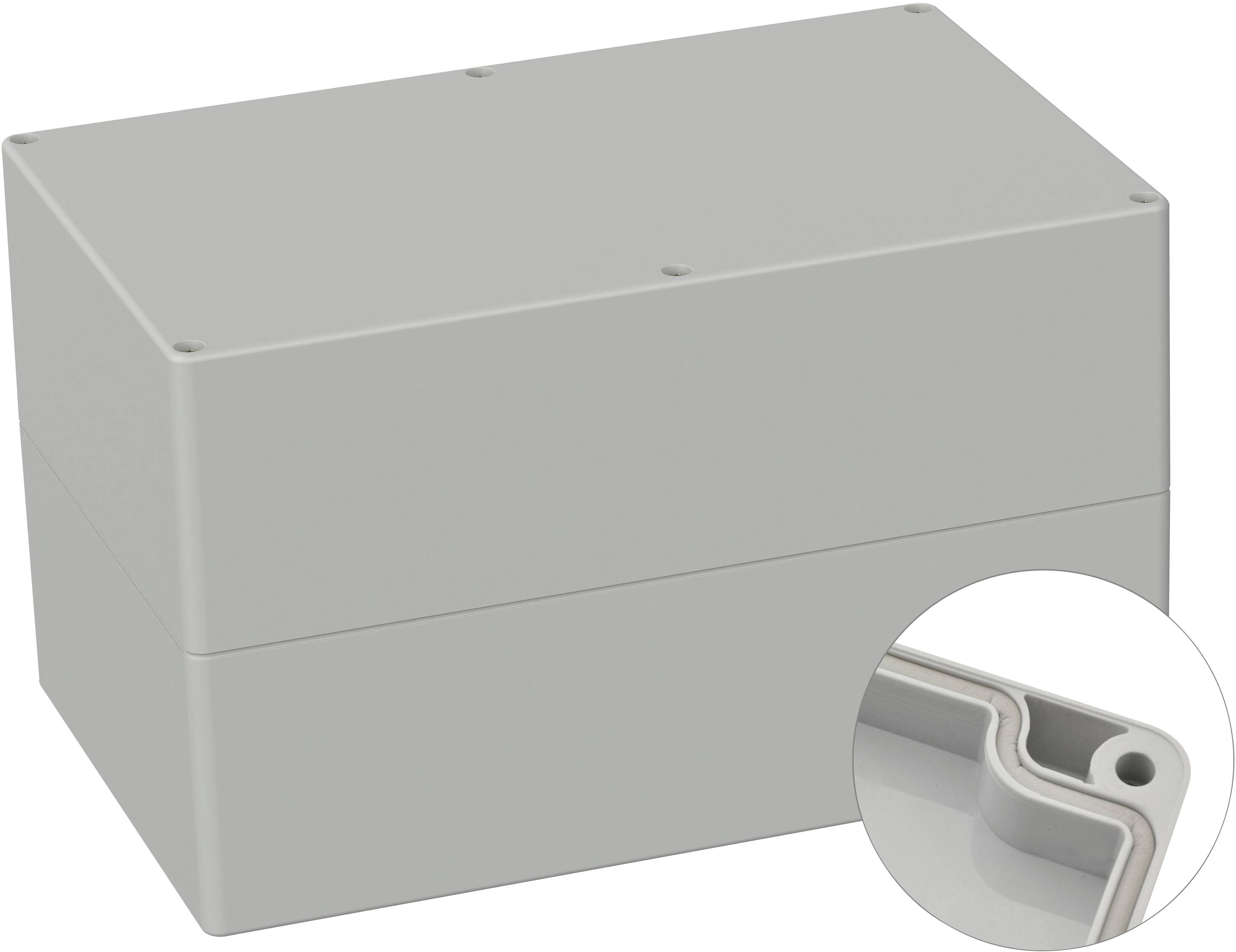 Un boîtier rectangulaire gris avec un couvercle amovible ; un plan détaillé montre le joint d'étanchéité contre l'humidité.