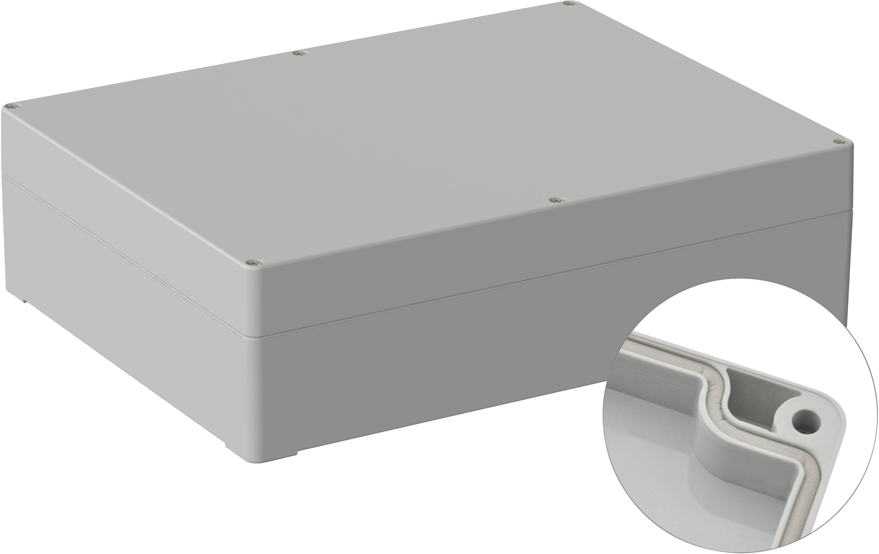 Un boîtier rectangulaire gris avec un couvercle amovible et six trous de vis, représenté dans un agrandissement.