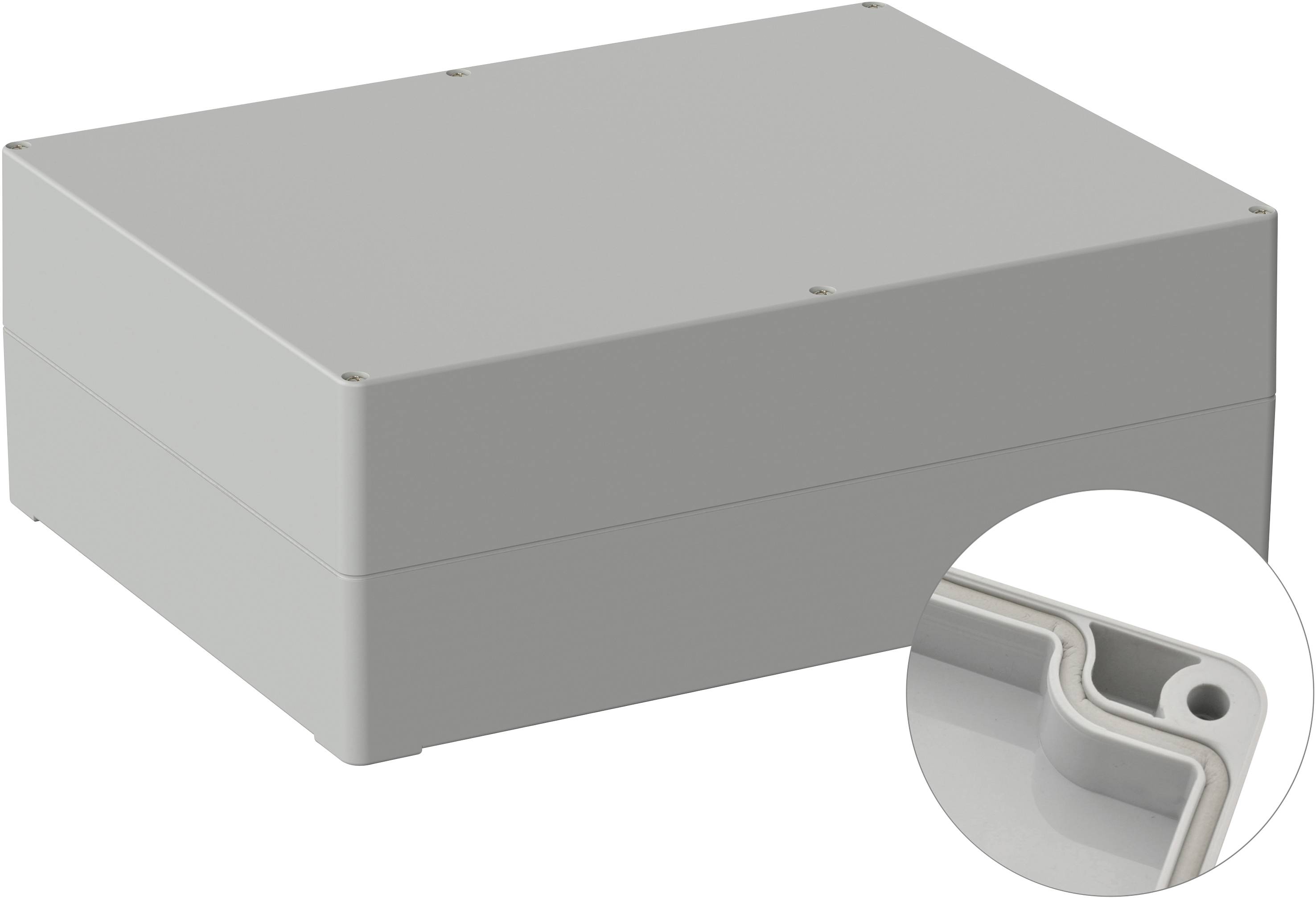 Boîtier rectangulaire gris aux angles arrondis ; un plan détaillé montre un gros plan du bord et du joint d'étanchéité du boîtier.