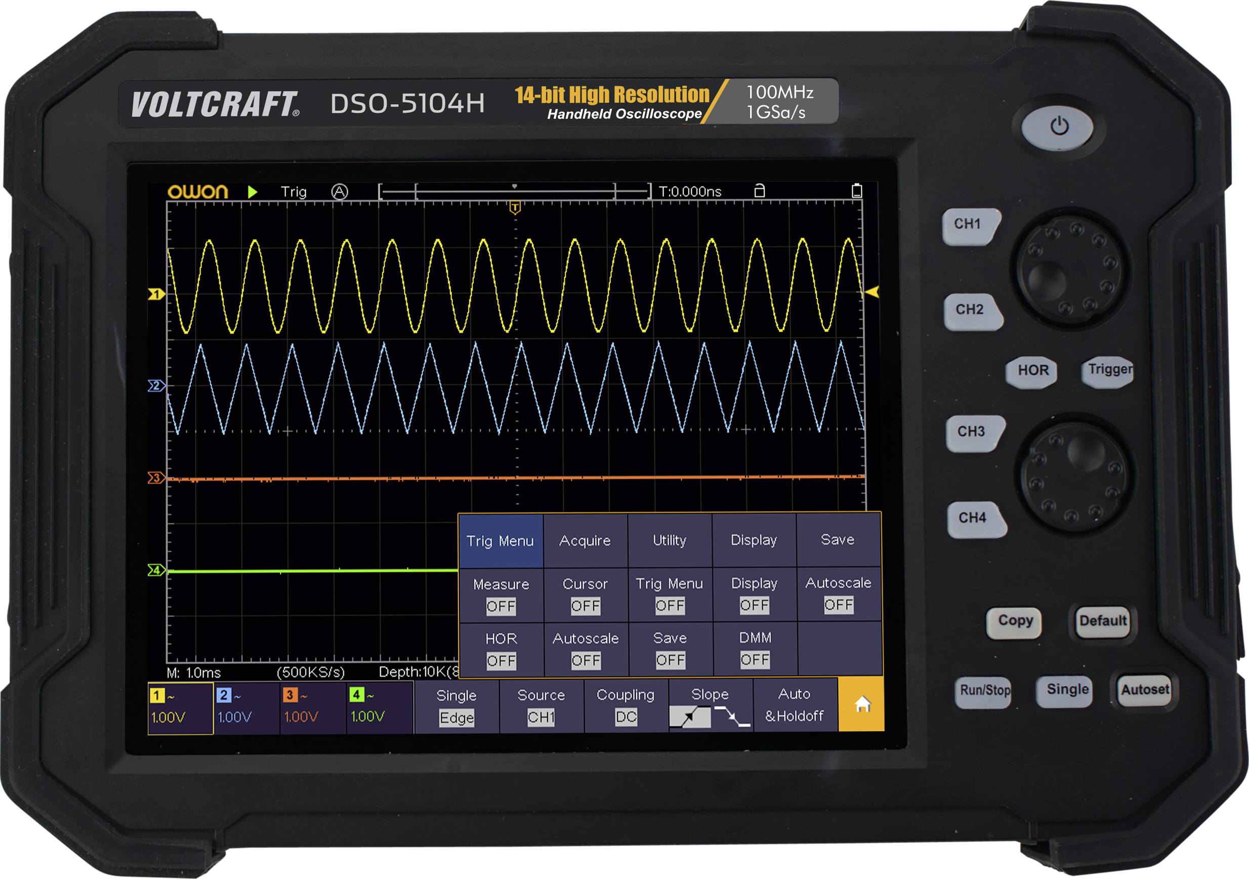 Écran d'oscilloscope affichant un motif d'onde sinusoïdal. Les paramètres de mesure et de déclenchement sont visibles. L'appareil est désigné comme VOLTCRAFT DSO-5104H.