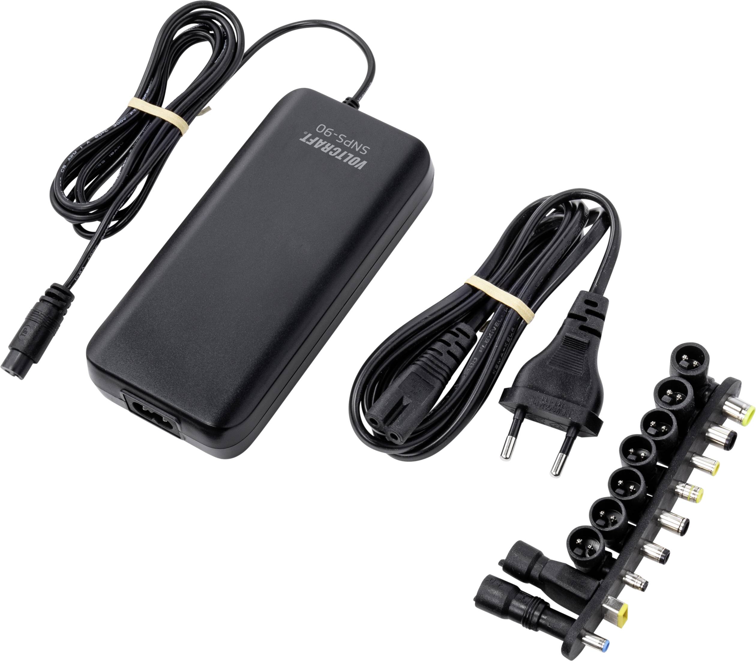 Bloc d'alimentation noir avec fiche européenne et différentes pointes d'adaptateur interchangeables pour différents types de connexions d'appareils.