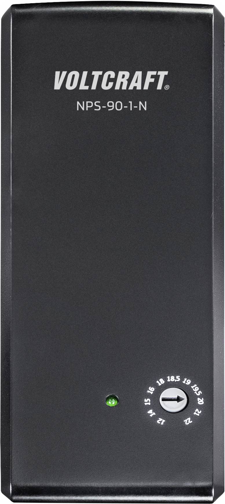 Alimentation électrique Voltcraft avec le numéro de modèle NPS-90-1-N, boîtier noir, interrupteur réglable et voyant de mise en marche vert.