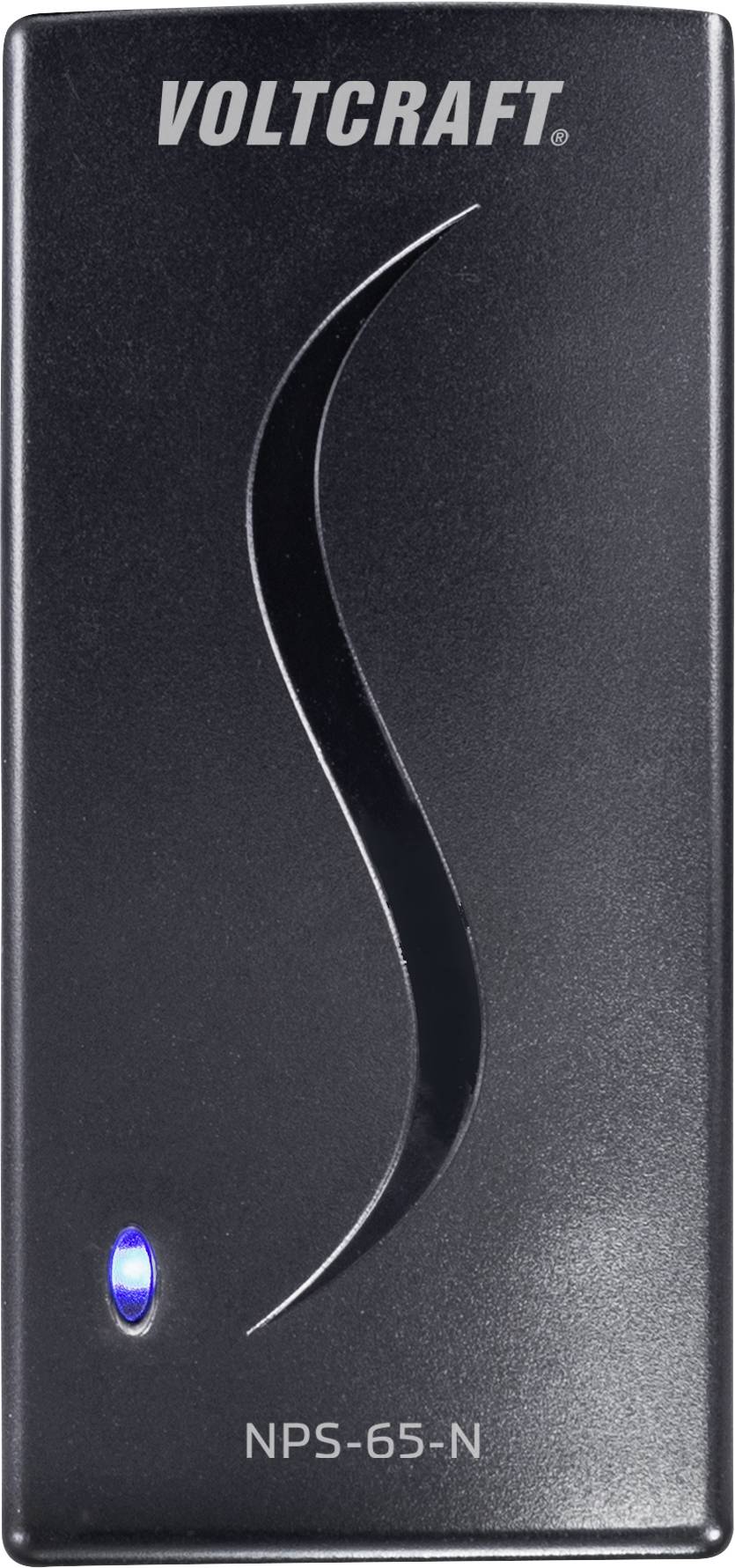 Chargeur noir avec indicateur lumineux bleu et nom de marque 'Voltcraft NPS-65-N' sur la face avant.