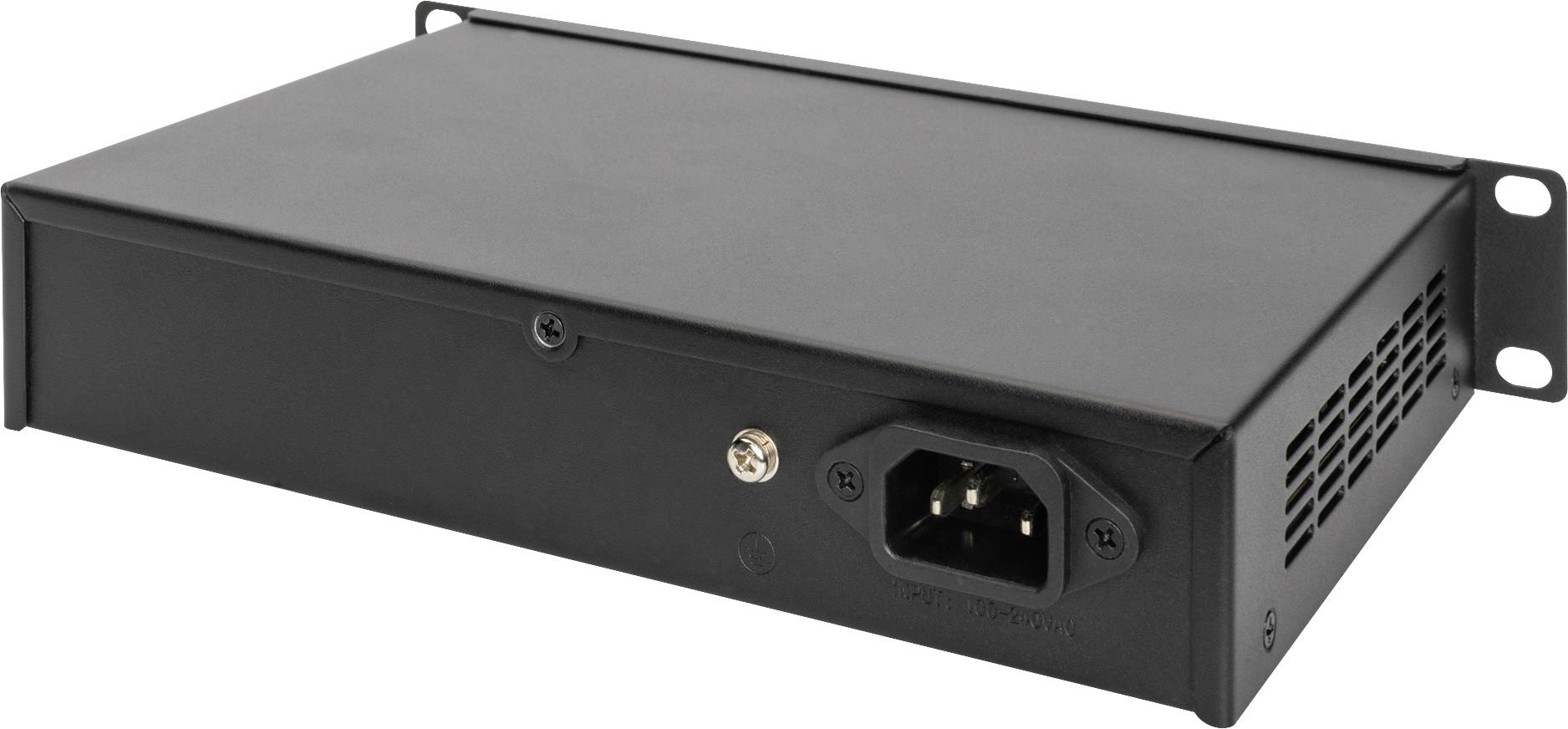 Un appareil électronique noir rectangulaire avec des fentes de ventilation et un port pour câble d'alimentation sur le côté droit.
