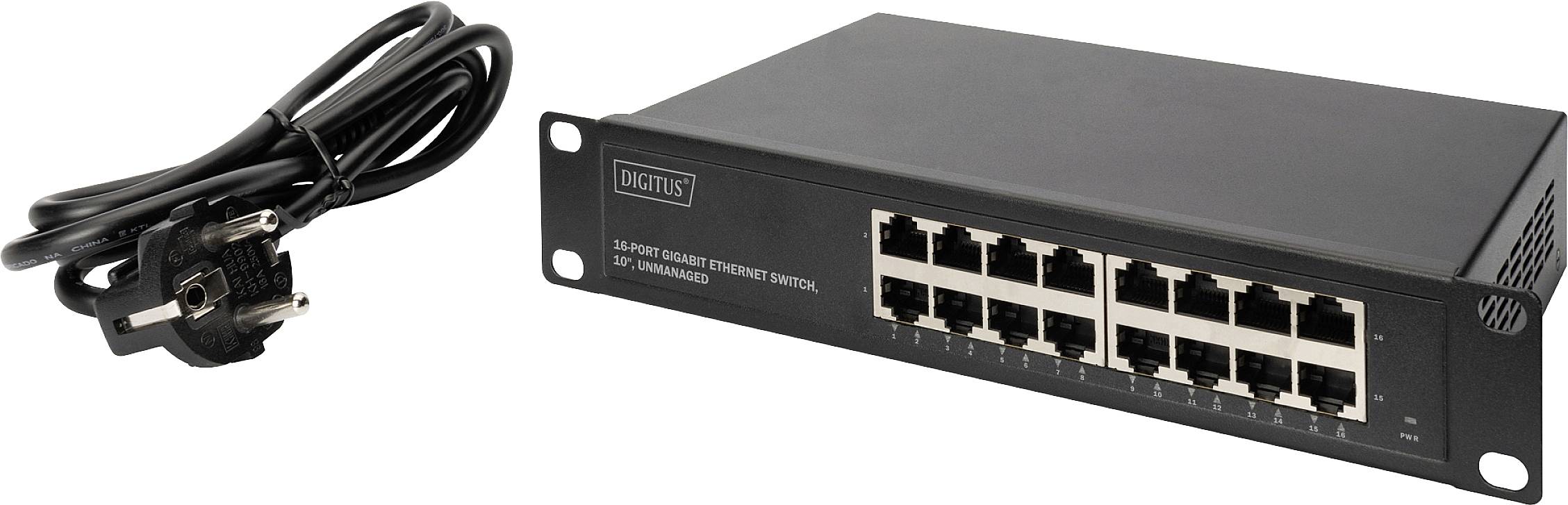 Commutateur Ethernet rapide Digitus à 16 ports avec câble d'alimentation. Appareil rectangulaire noir doté de seize ports Ethernet pour les connexions réseau.