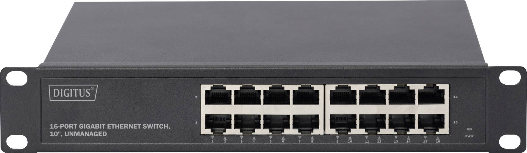 Un commutateur Ethernet Gigabit non géré à 16 ports, de 10 pouces, de la marque Digitus. Vue de face avec les connexions réseau visibles.
