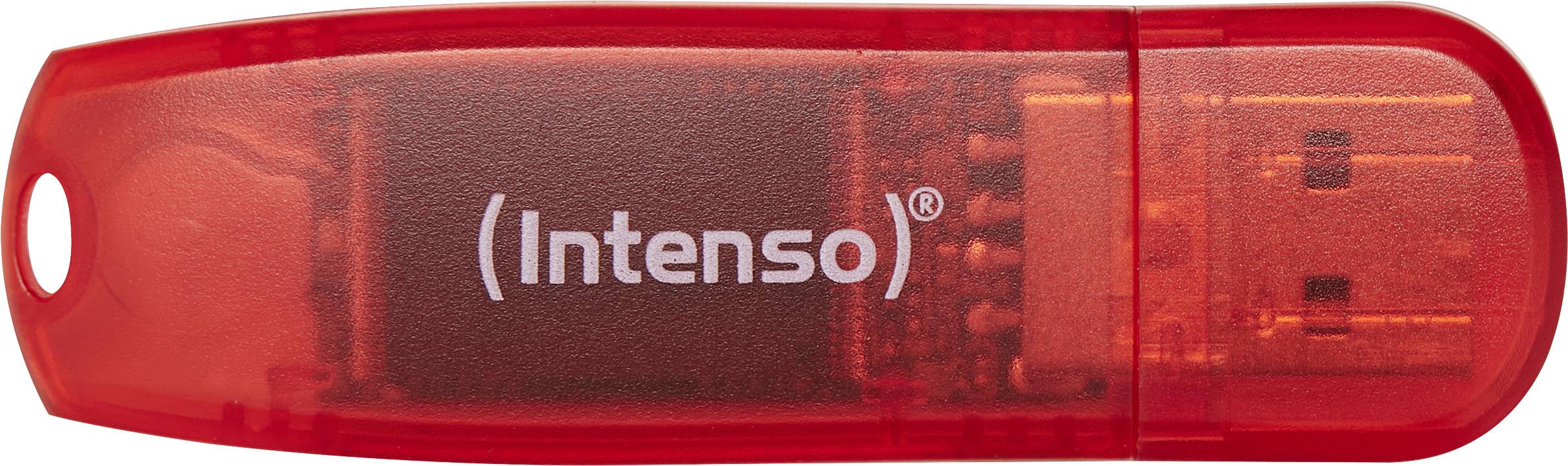 Une clé USB rouge de la marque Intenso. La clé est transparente et montre ses composants internes.