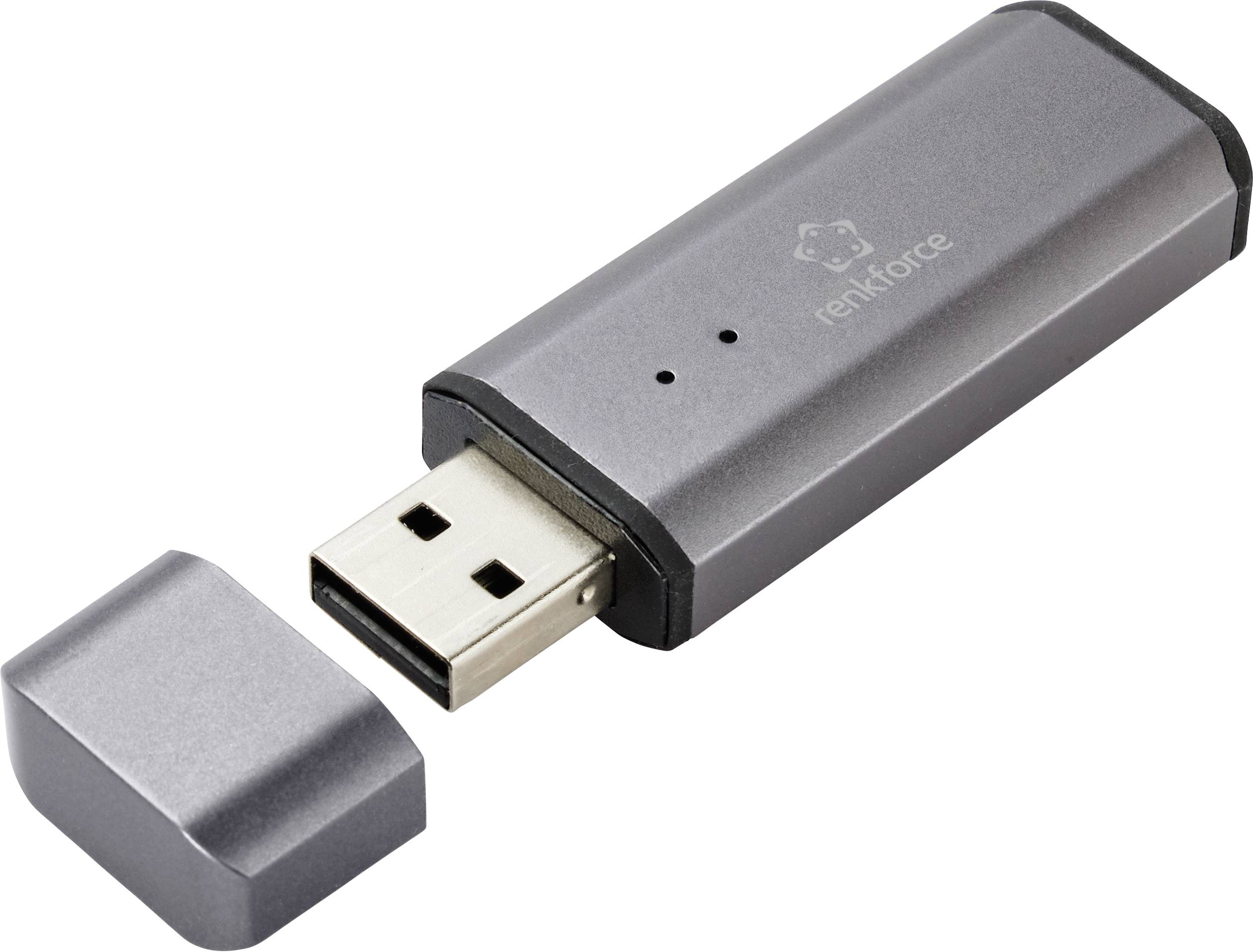 Clé USB grise avec capuchon amovible, posée à côté à droite. Le nom de marque 'renkforce' est visible sur la clé.