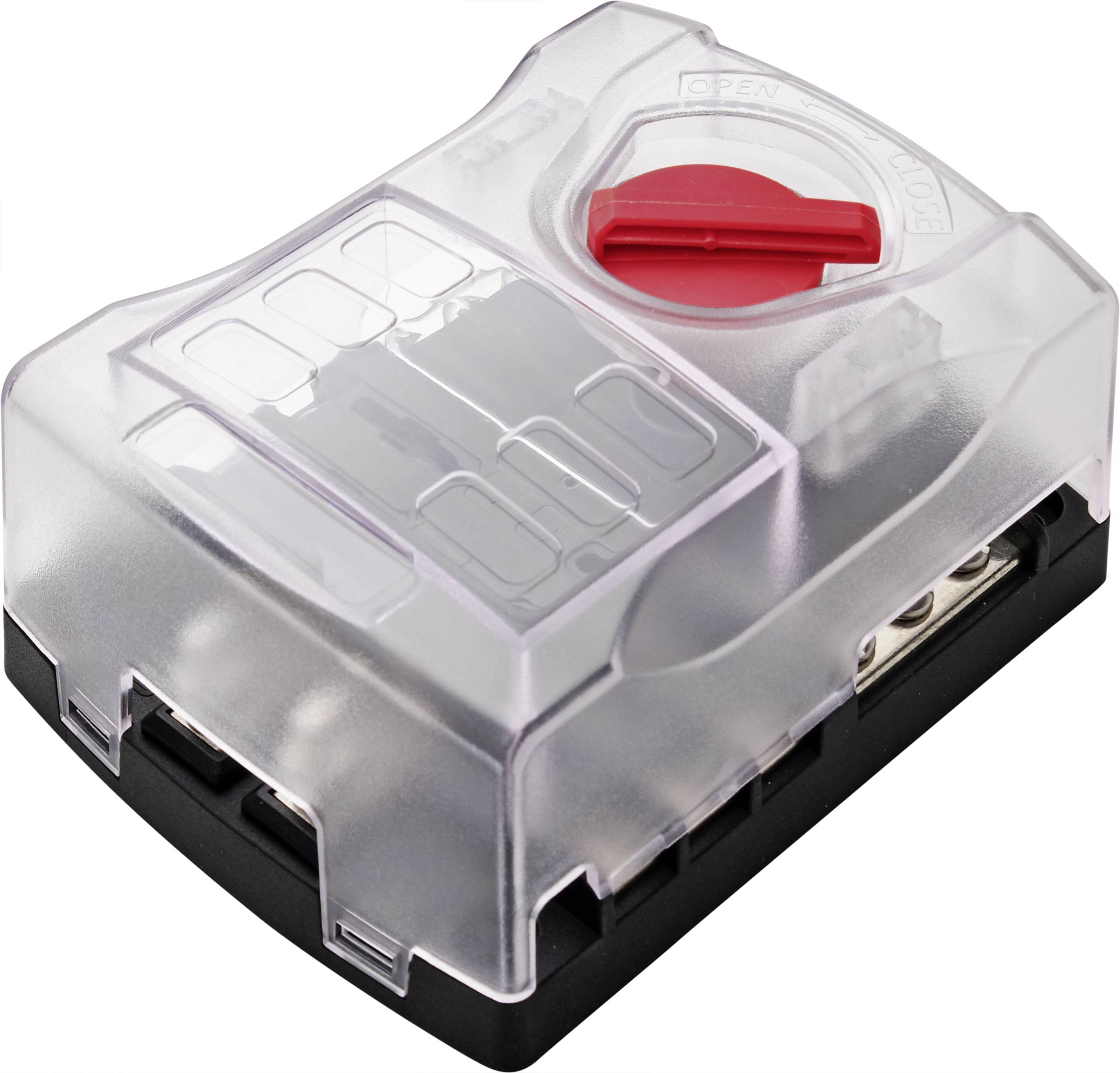 Un support de fusible transparent rectangulaire avec un bouton de rotation rouge sur le dessus, adapté aux connexions électriques.