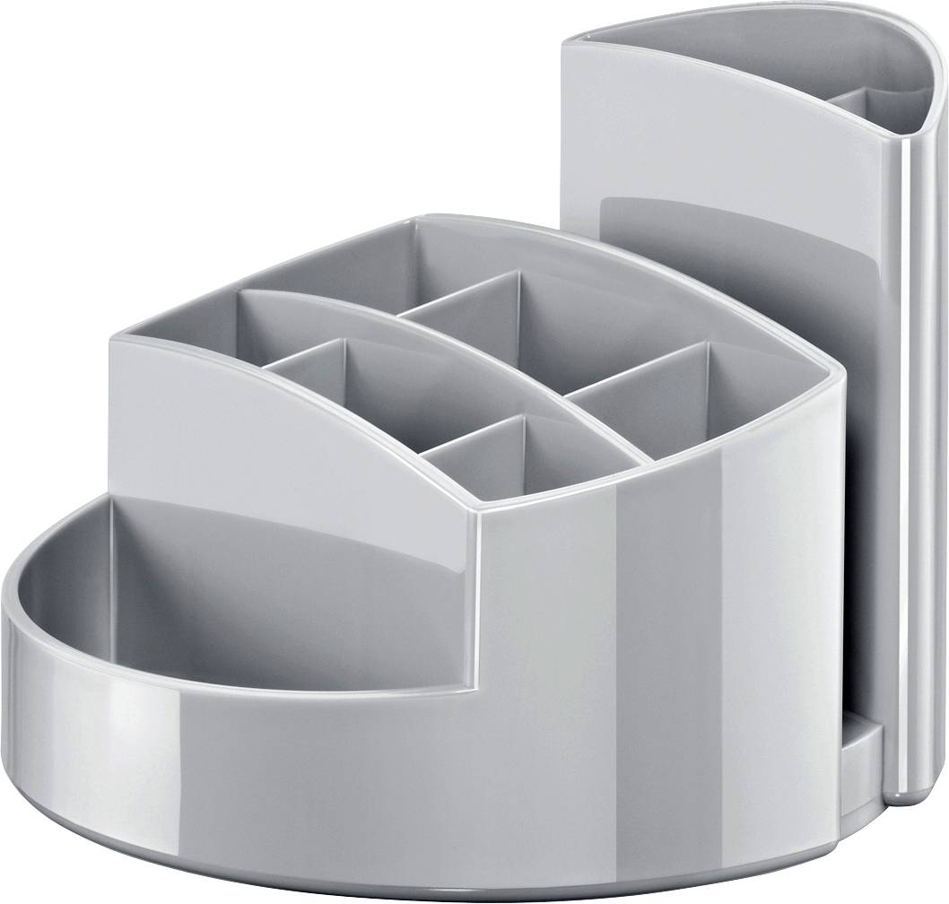 Organisateur de bureau gris en plastique à plusieurs compartiments pour ranger les fournitures de bureau, au design moderne.
