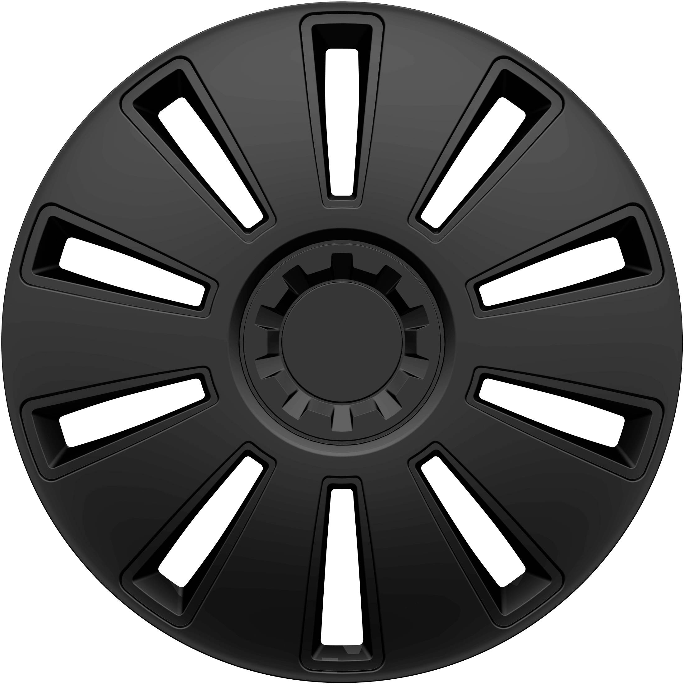 Un design de capuchon de roue noir stylisé avec des fentes symétriques entourant une partie centrale circulaire.