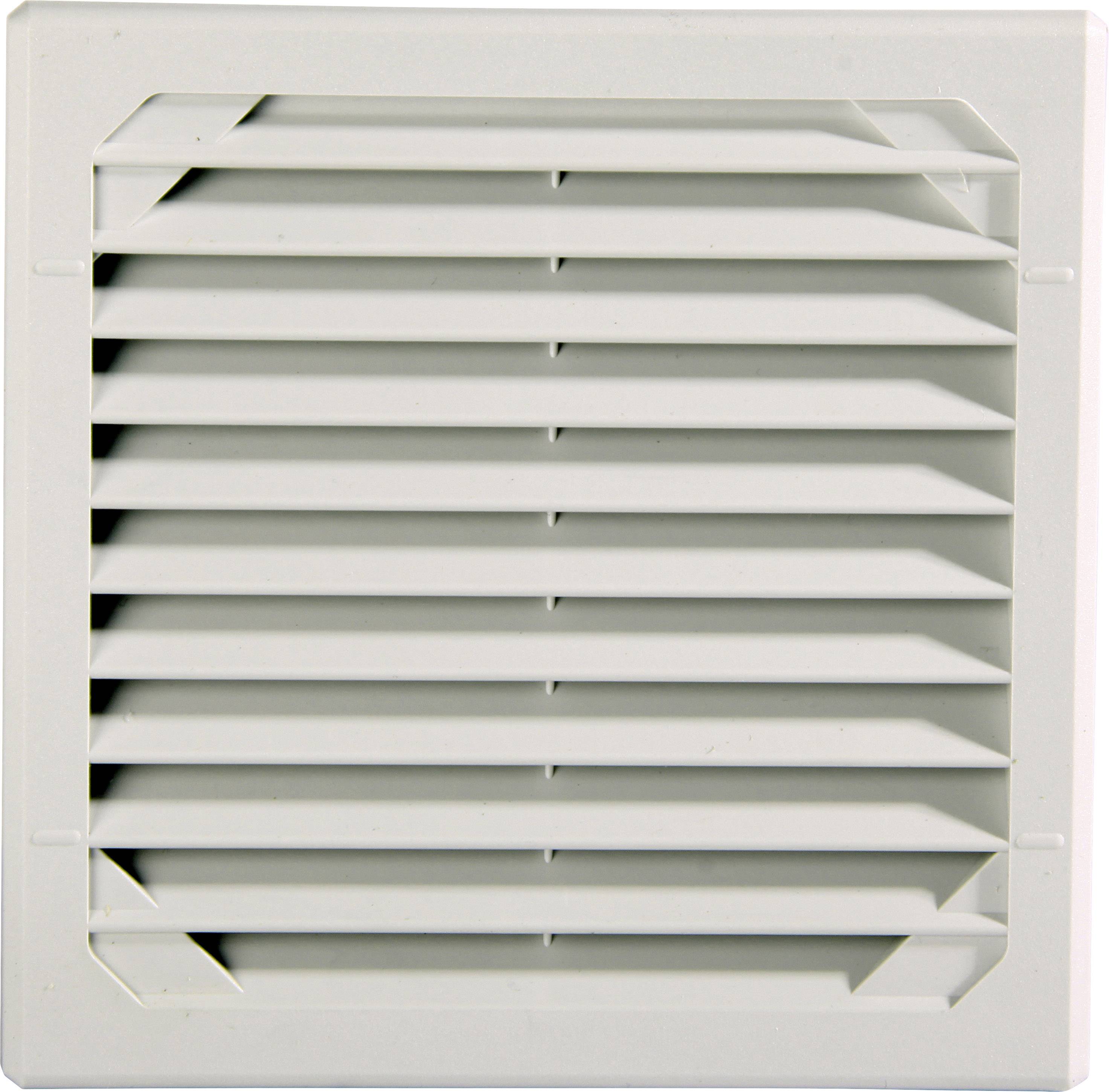 Une grille de ventilation blanche à lamelles horizontales, montée sur un mur, destinée à la ventilation d'une pièce.