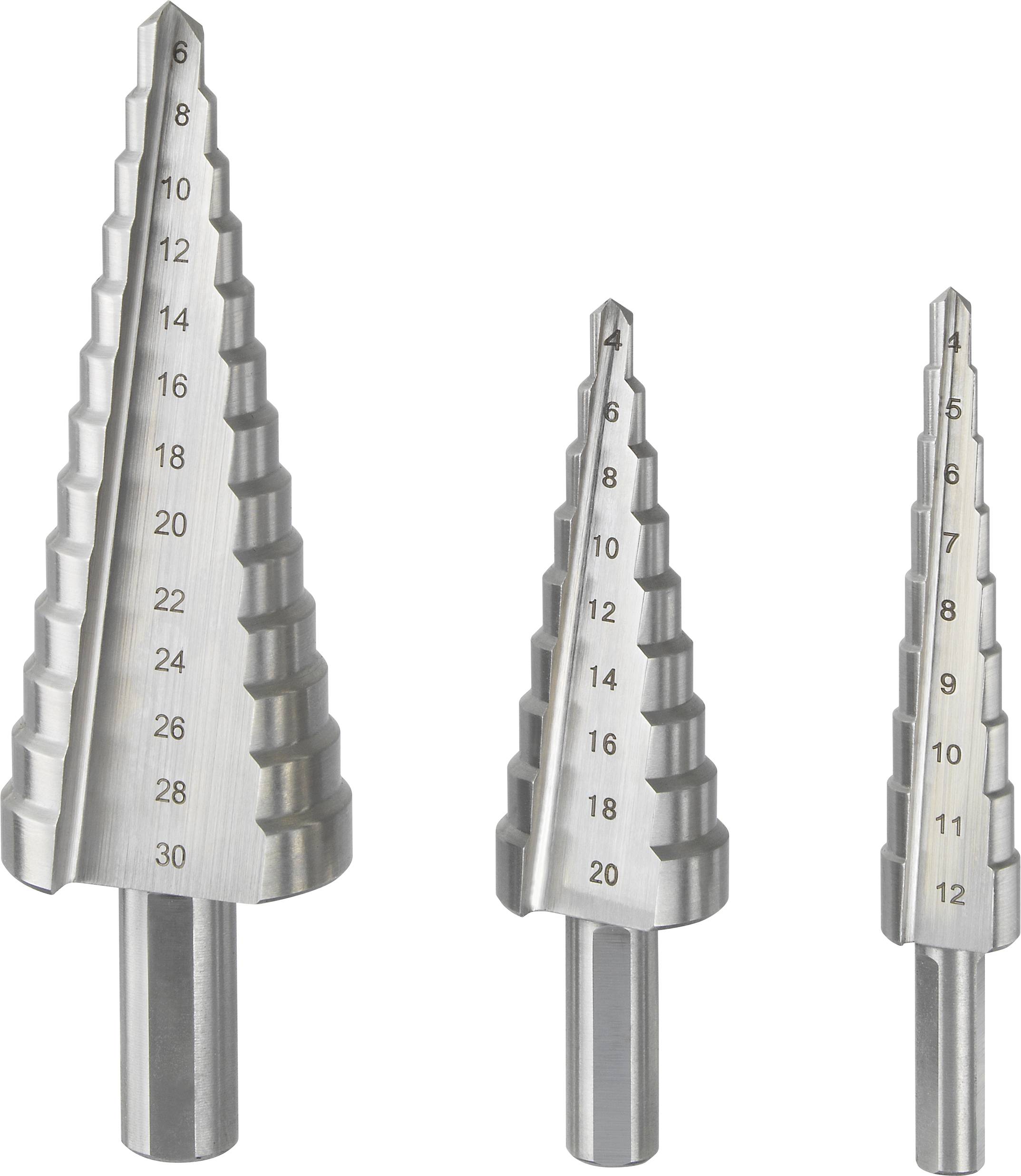 Trois forets étagés en argent avec des marquages de taille de 4 à 32 mm. Adaptés pour percer des trous de différents diamètres.