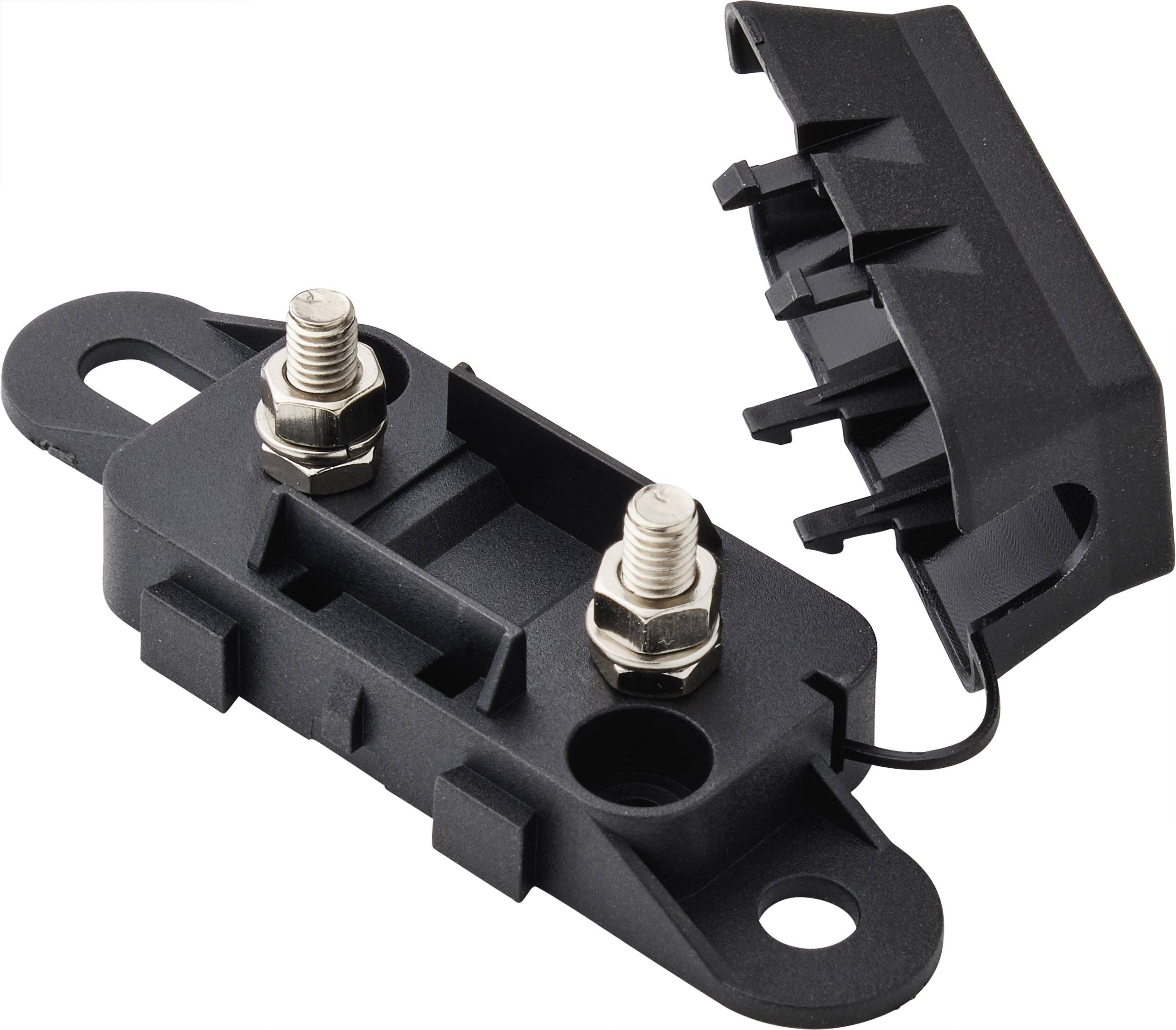 Fiche en plastique noir avec deux broches métalliques, un capuchon de protection amovible et des trous de fixation. Utilisée pour la connexion électrique.