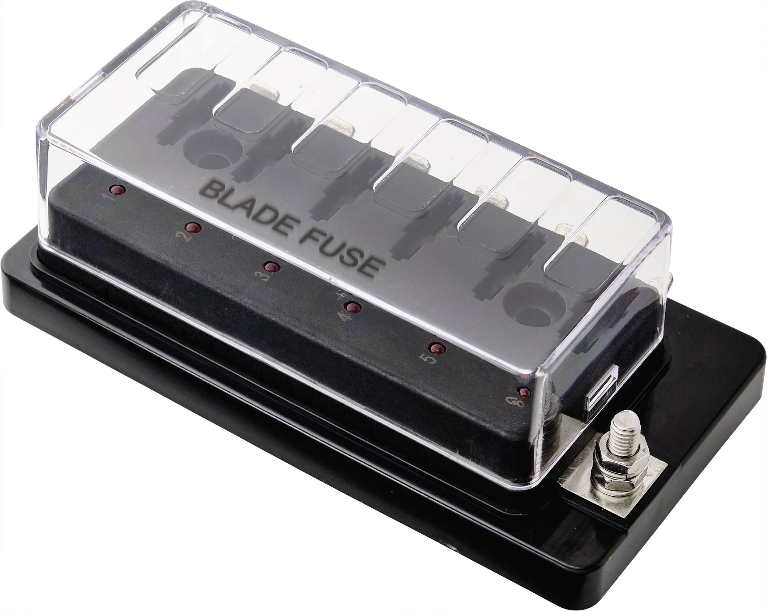 Boîte à fusibles avec couvercle transparent, LED rouges et l'inscription 'BLADE FUSE'. Contient plusieurs emplacements pour fusibles.