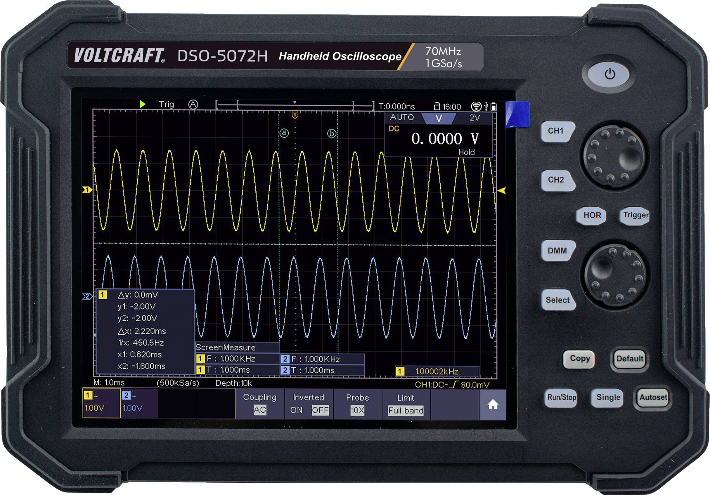 Un oscilloscope portable avec un écran couleur affiche des données de mesure sous forme d'ondes. Les boutons et les connexions sont disposés sur la droite.