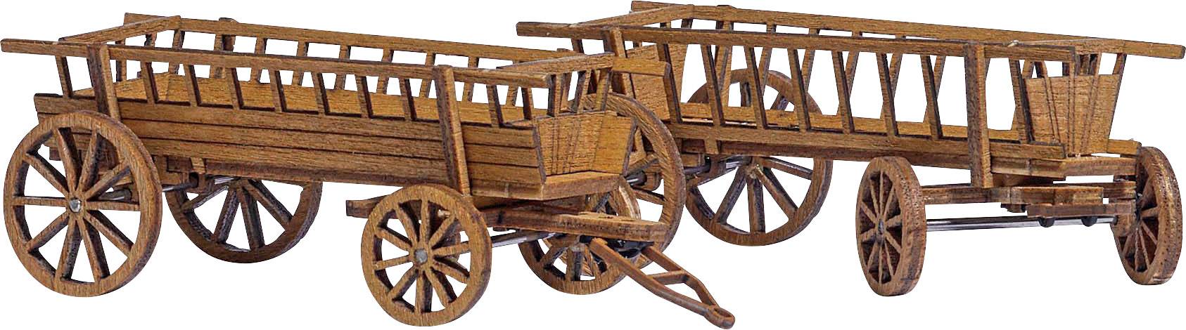Chariot en bois avec roues à rayons. Design rustique, souvent utilisé dans des applications agricoles. Deux chariots positionnés côte à côte.