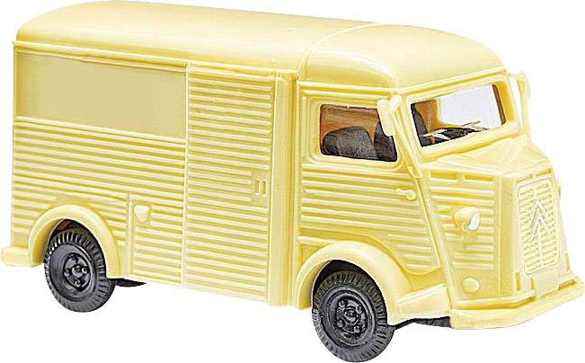 Modèle jaune d'un fourgon classique avec une carrosserie nervurée et des phares ronds, présenté sur un fond blanc.