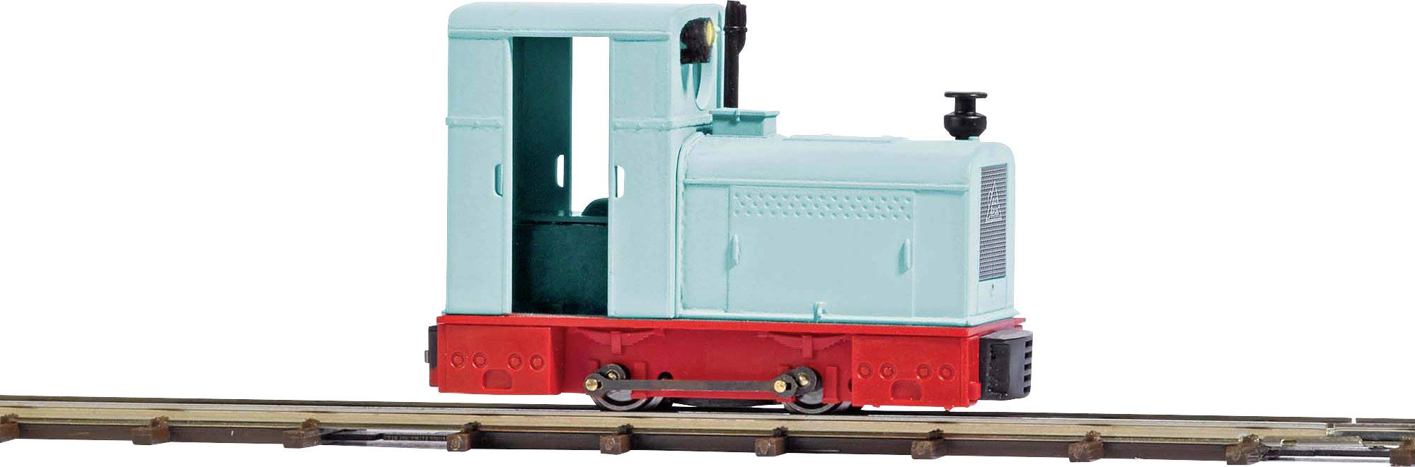 Un petit modèle de train bleu clair avec un châssis rouge sur un rail.