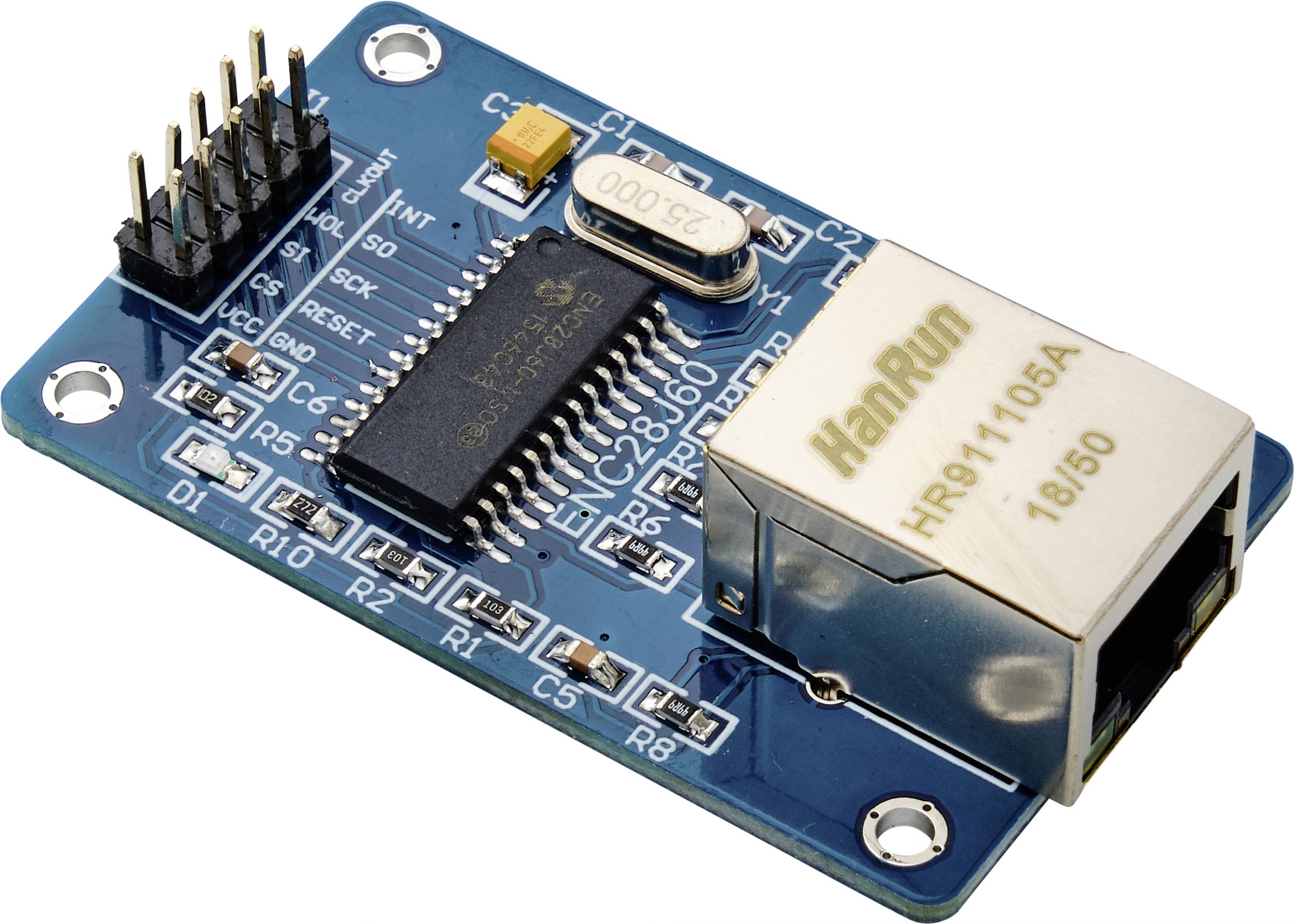 Un module Ethernet avec des circuits et des connexions pour relier des réseaux informatiques. Inscription imprimée : « HanRun HR911105A 19/50 ».