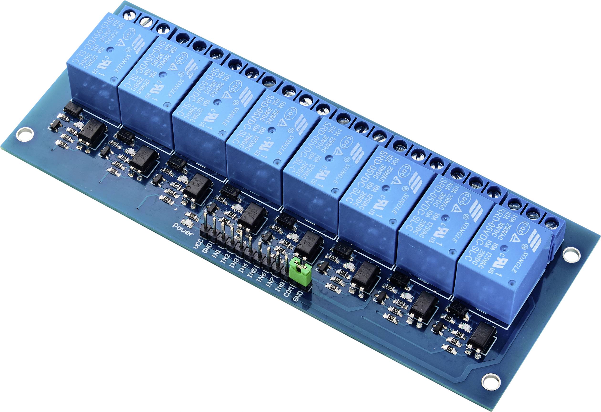 Une carte électronique bleue équipée de huit modules de relais bleus. Elle est utilisée pour commander des circuits électriques dans des projets électroniques.