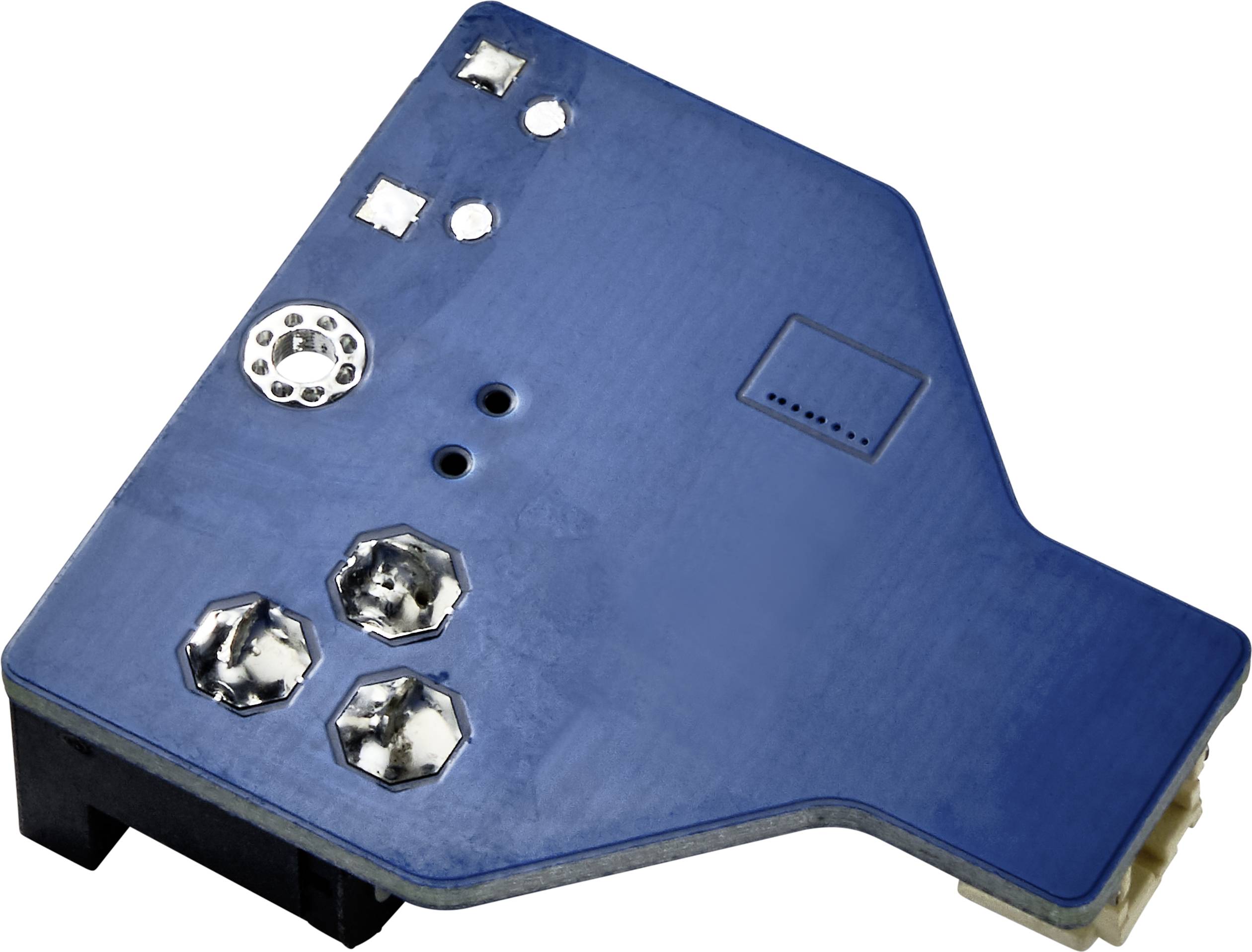 Un module électronique bleu doté de plusieurs contacts ronds et d'un connecteur. Il est destiné à des applications électroniques.