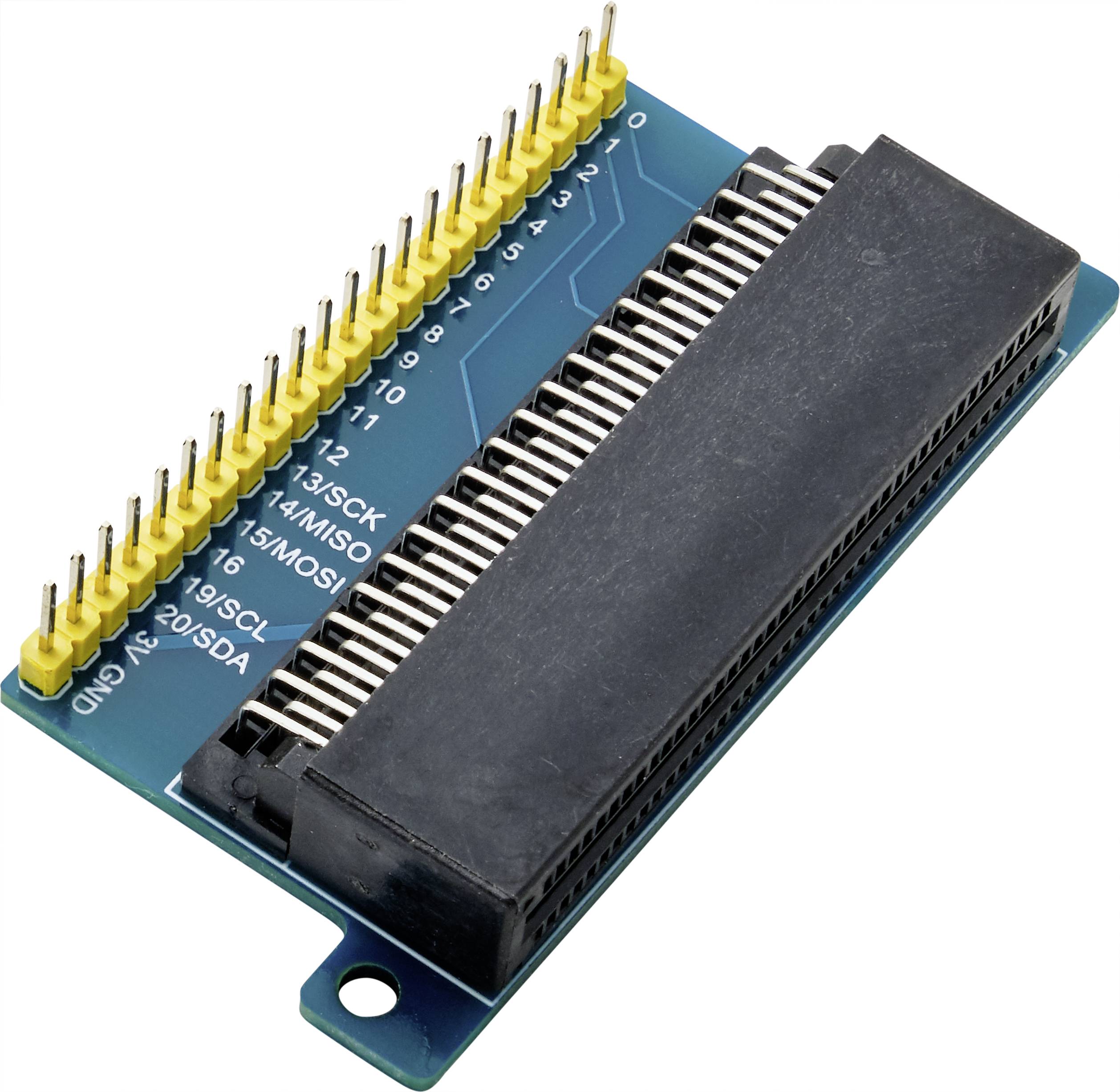 Un adaptateur à 22 broches avec barrette de connexion. Numéros de broches et désignations imprimés pour SCK, MISO, MOSI, ISCL et GND visibles.