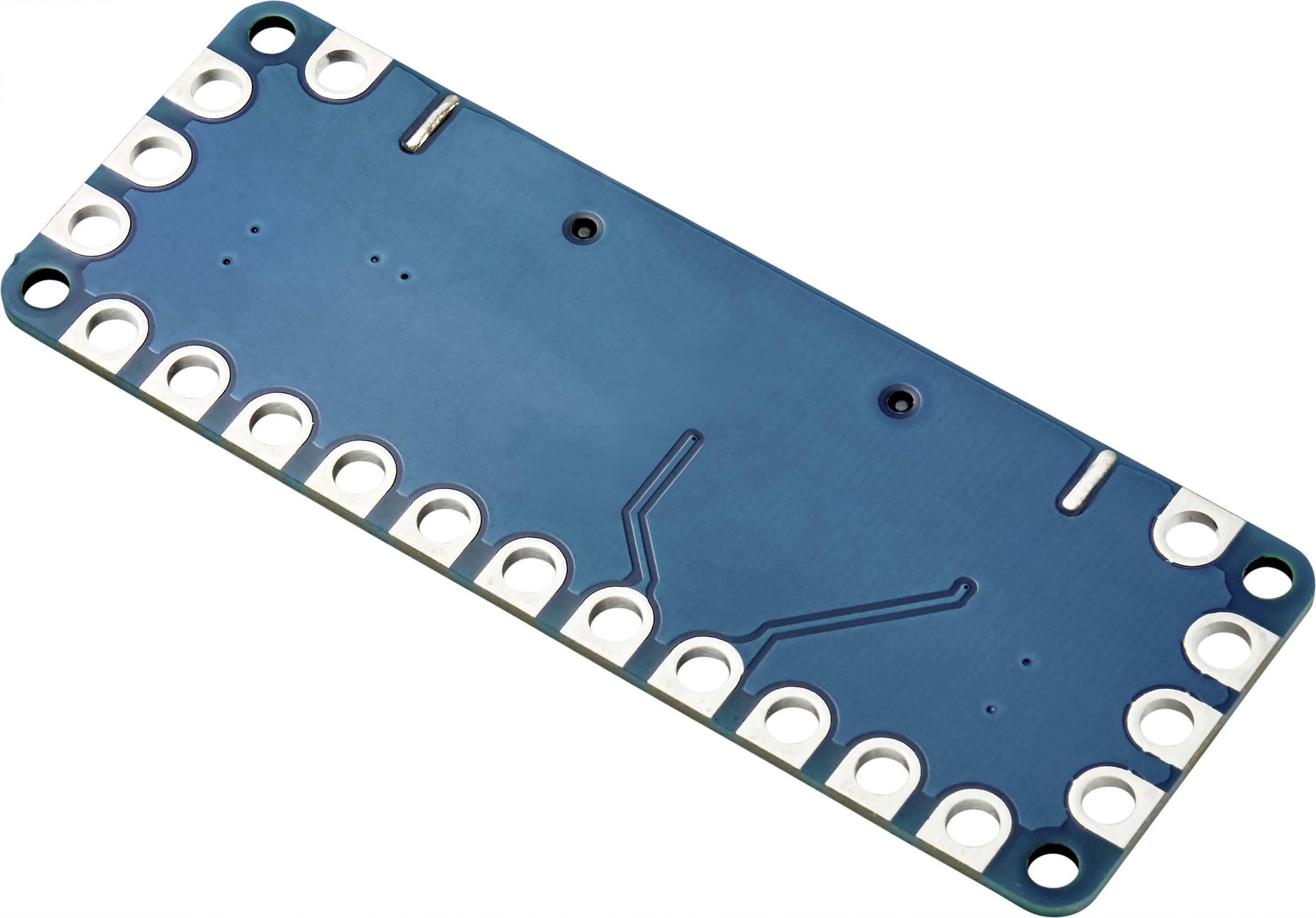 Une carte électronique bleue avec plusieurs contacts de soudure sur les bords, pouvant être utilisée pour la connexion et la transmission de signaux.