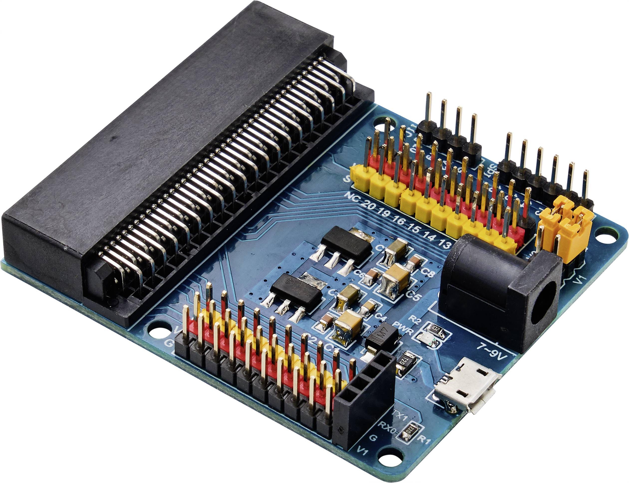 Une carte électronique bleue avec des broches multilignes, un connecteur noir et un port micro-USB, destinée au développement électronique.