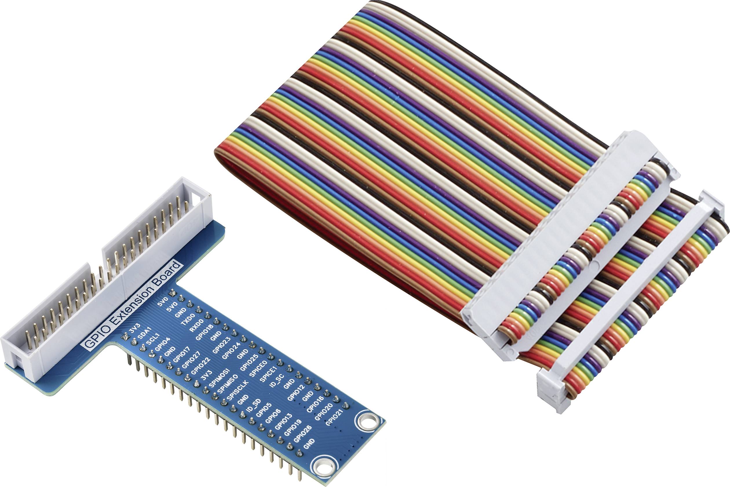 Une carte d'extension GPIO avec des câbles multicolores est présentée, idéale pour étendre les possibilités de connexion pour les projets électroniques.