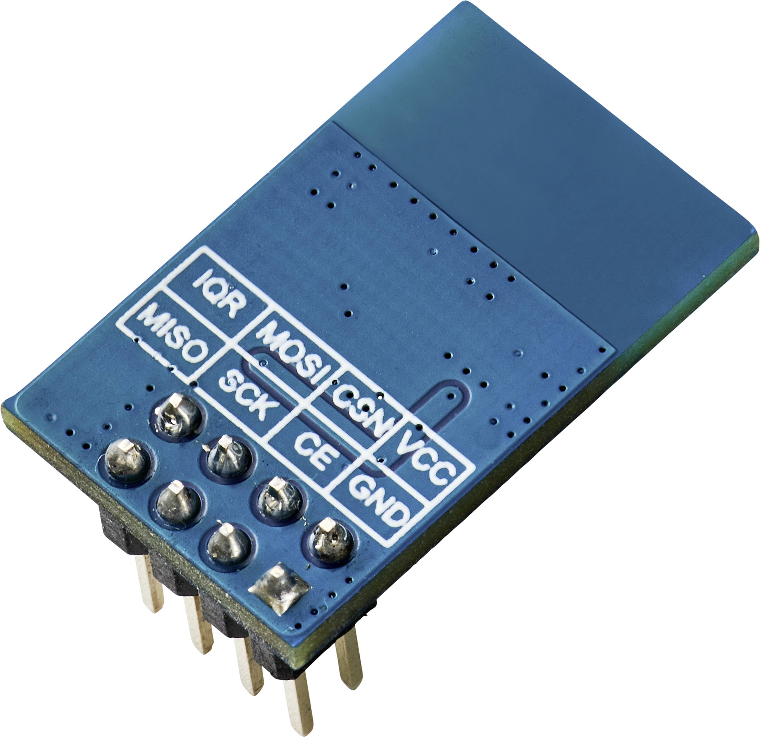 Module avec carte de circuit imprimé bleue et six broches, avec les étiquettes 'IRQ', 'MISO', 'MOSI', 'SCK', 'CE', 'CSN', 'VCC', 'GND' visibles.