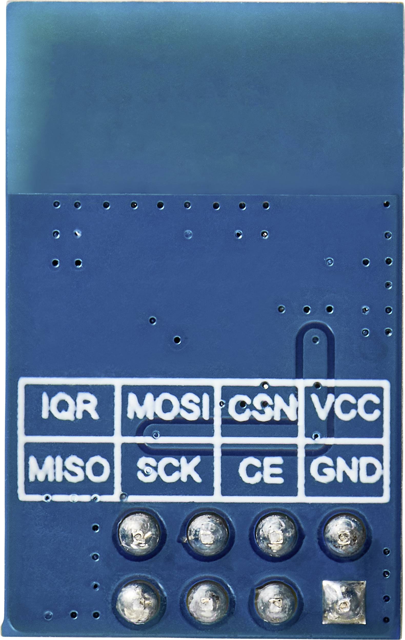 Module électronique bleu avec six contacts marqués : 'IRQ', 'MOSI', 'MISO', 'CSN', 'SCK', 'VCC', 'CE', 'GND'.