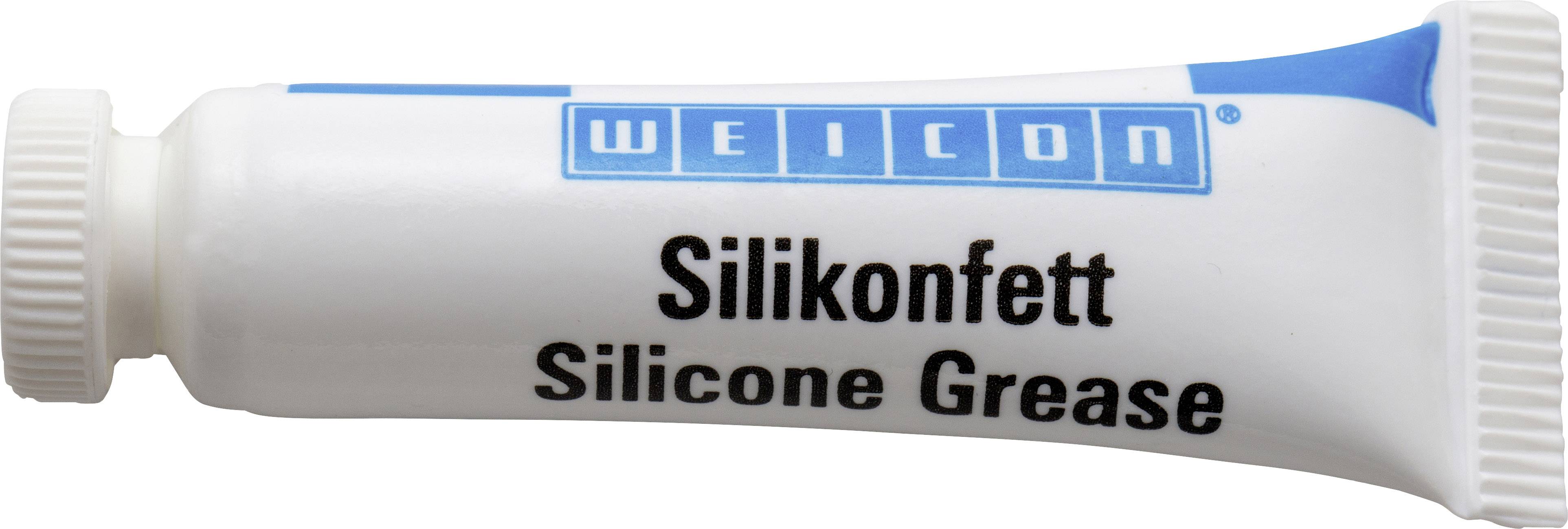 Weicon Silicone Grease, tube blanche avec écriture bleue et noire. Contient de la graisse silicone pour la lubrification et l'entretien des matériaux.