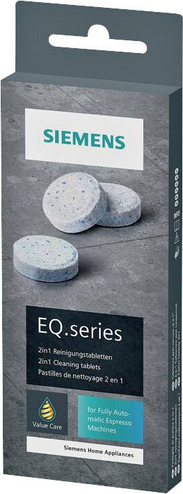 Emballage des pastilles de nettoyage 2-en-1 de la série Siemens EQ. pour machines à café automatiques. Contient des instructions de nettoyage et d'entretien.