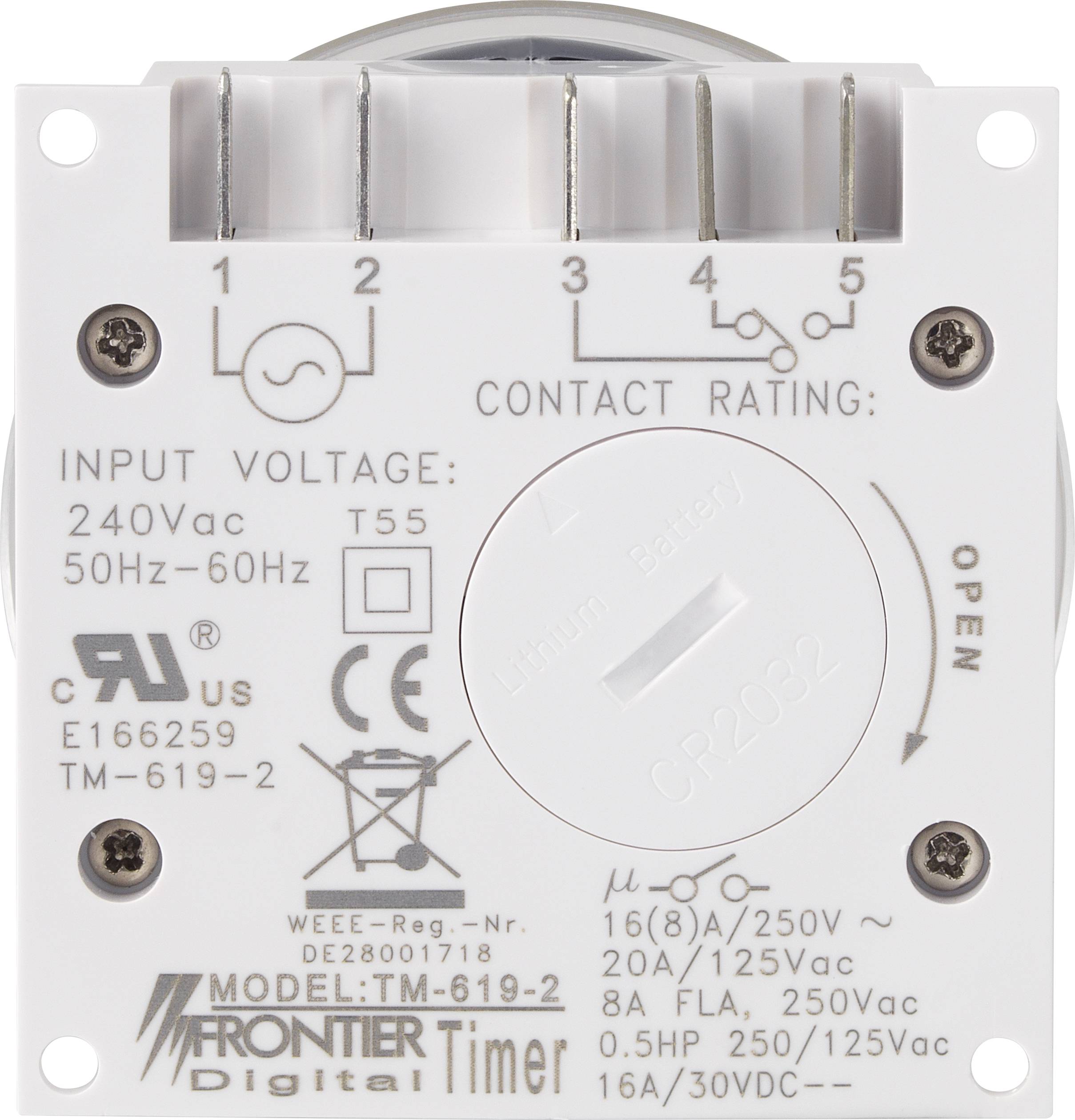 Face arrière d'un module d'horloge numérique avec spécifications techniques. Comprend des informations sur la tension, l'intensité du courant et les certifications.