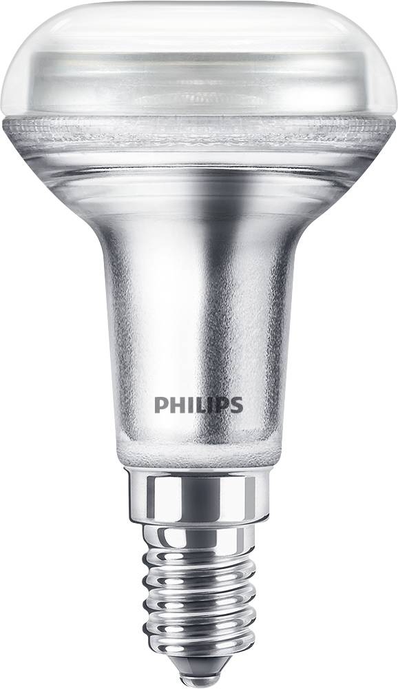 Une ampoule LED argentée à culot E14 de Philips, adaptée à un éclairage économe en énergie.