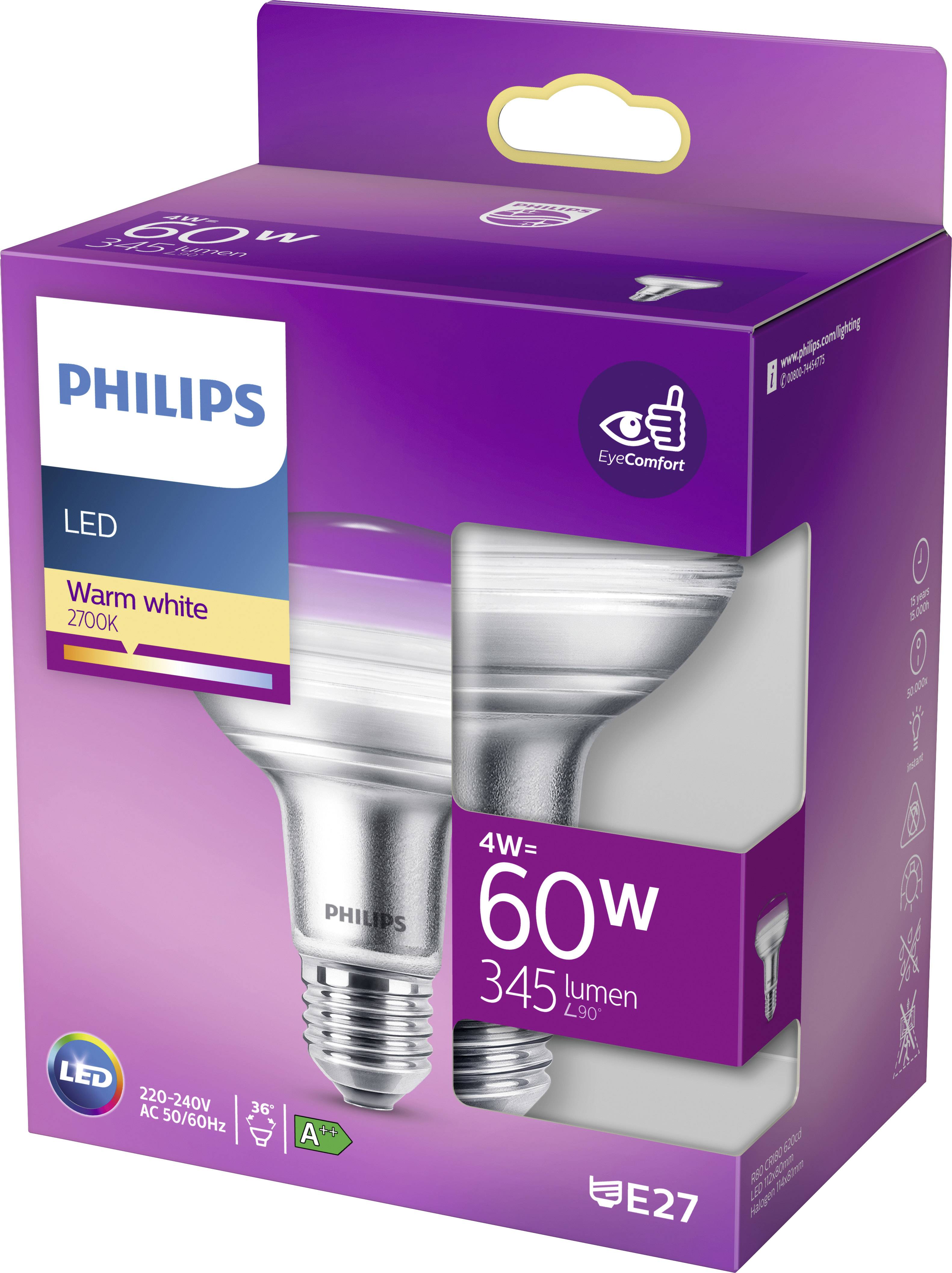 Philips LED 77385400 LED CEE F (A - G) E27 réflecteur 4 W = 60 W blanc chaud (Ø x L) 8 cm x 11.2 cm 1 pc(s)