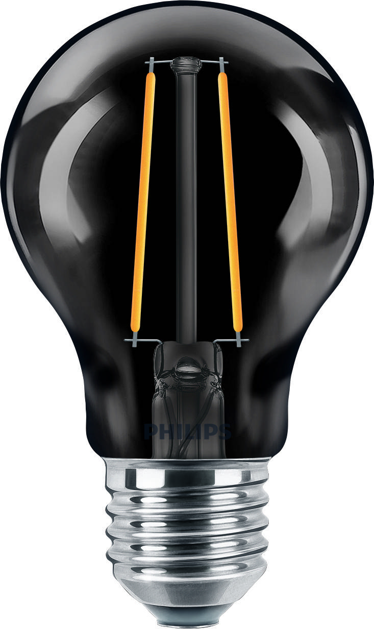 Ampoule noire avec filaments apparents et douille argentée, sur fond blanc.
