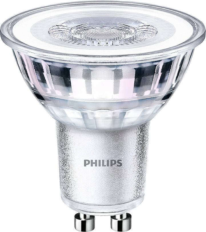 Une ampoule LED Philips avec culot GU10 en verre transparent, adaptée aux applications d'éclairage dans les foyers et les bureaux.