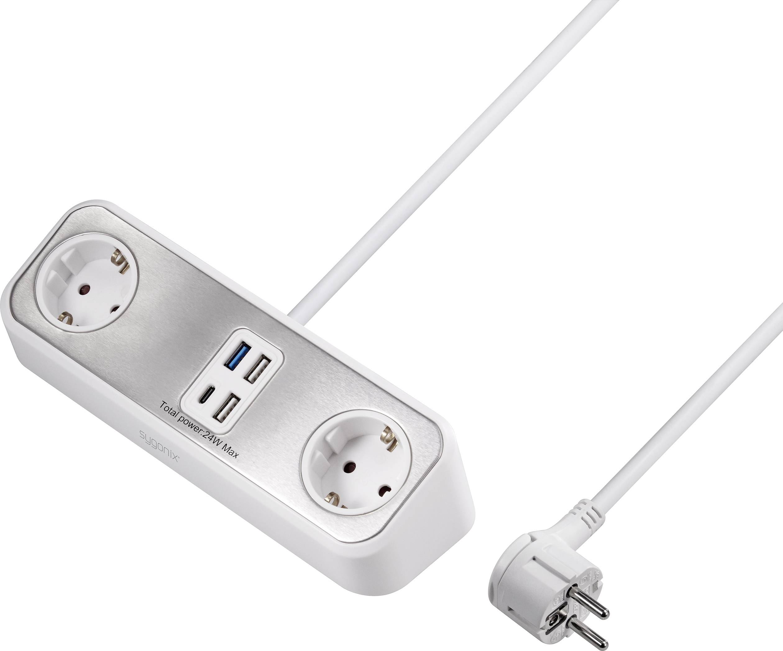 Multiprise avec deux prises secteur et trois ports USB, câble avec fiche européenne. Idéal pour un usage domestique ou de bureau.