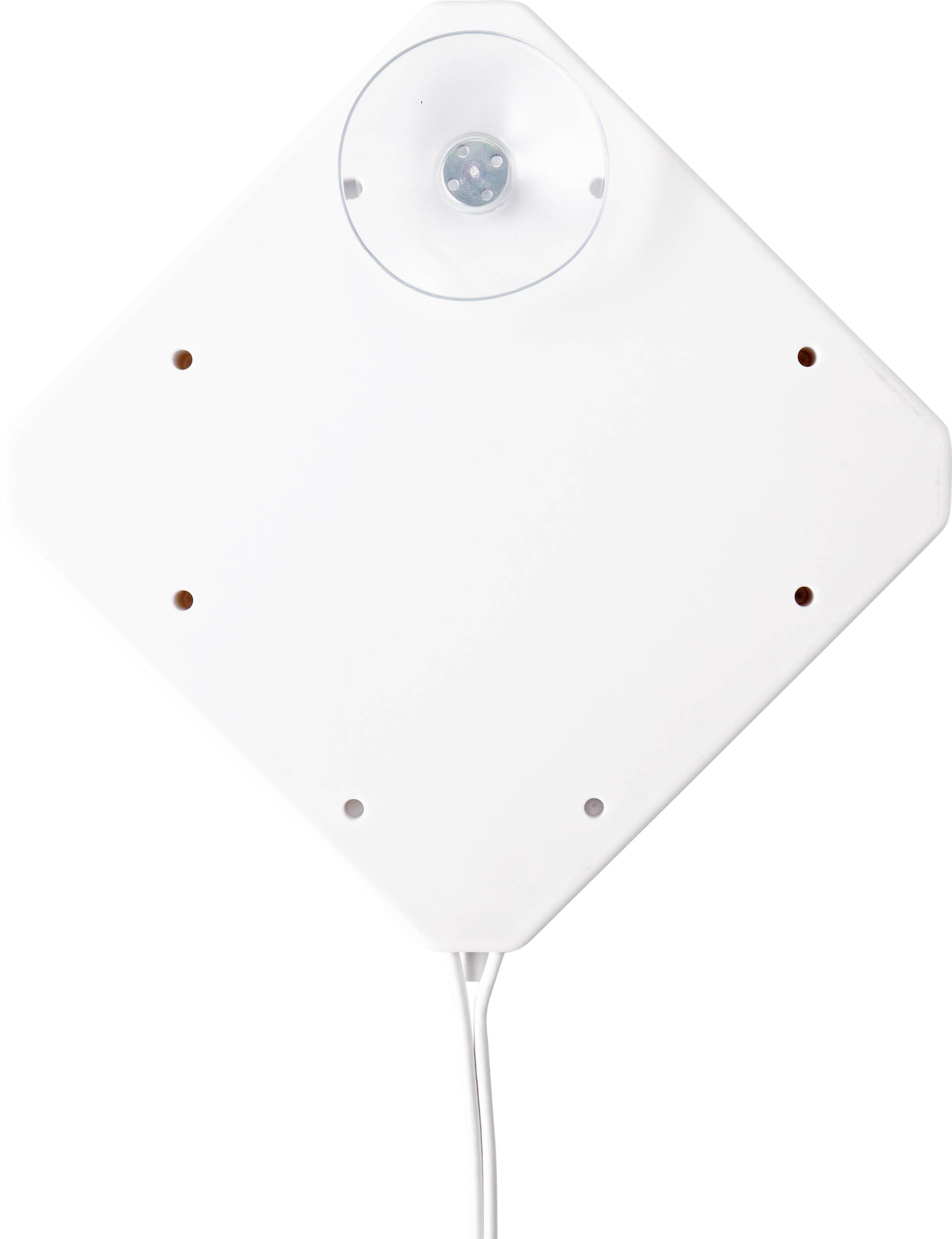 Antenne blanche, carrée, avec une petite ventouse centrale transparente pour la fixation. Câble attaché en bas.