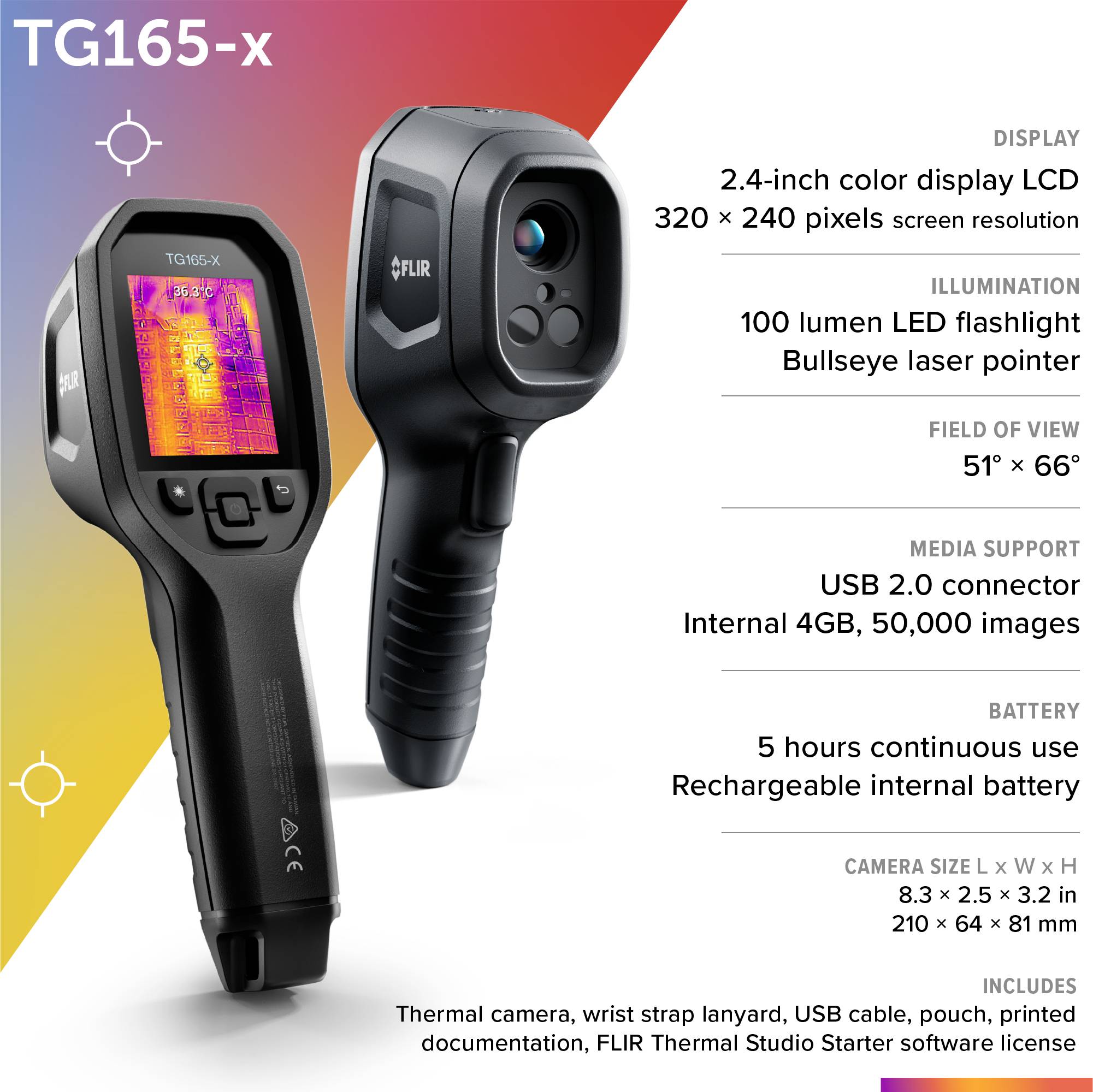 Caméra thermique FLIR TG165-X MSX -25 à +300 °C 80 x 60 Pixel 8.7 Hz MSX®, Lampe LED intégrée, appareil photo numérique intégré