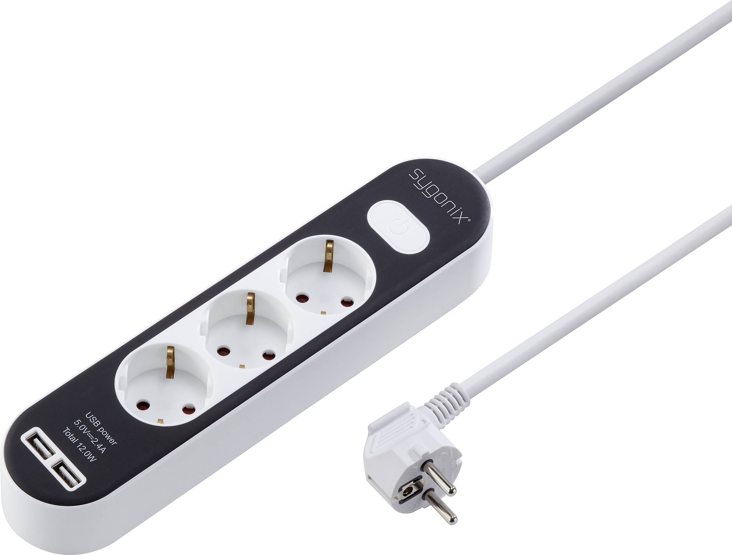 Une multiprise avec trois prises secteur et deux ports USB. La fiche est fixée à un câble.
