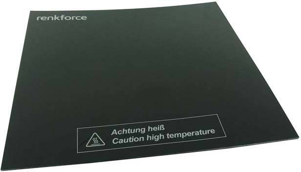 Plaque chauffante noire portant l'inscription 'Attention chaud' et 'Caution high temperature', marque 'renkforce'.