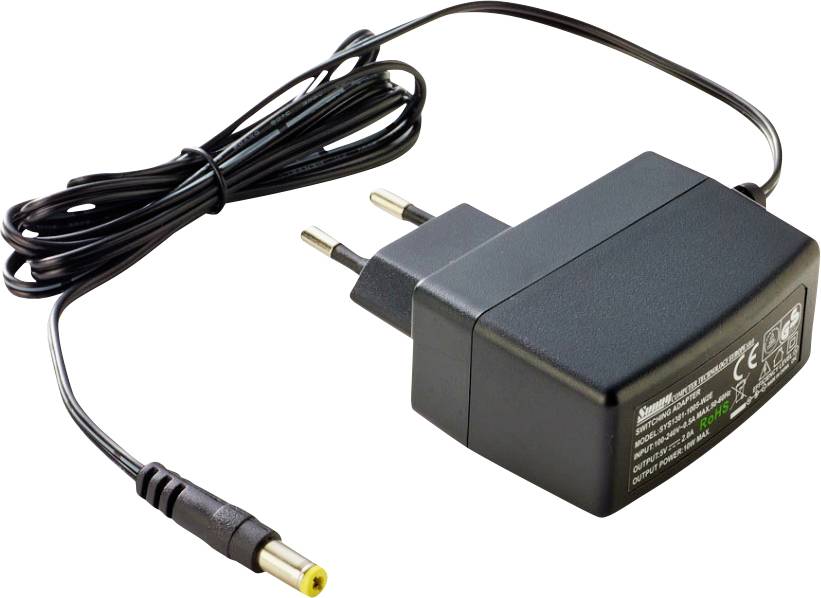 Adaptateur secteur AC noir avec câble enroulé et connecteur cylindrique, présenté sur un fond blanc.