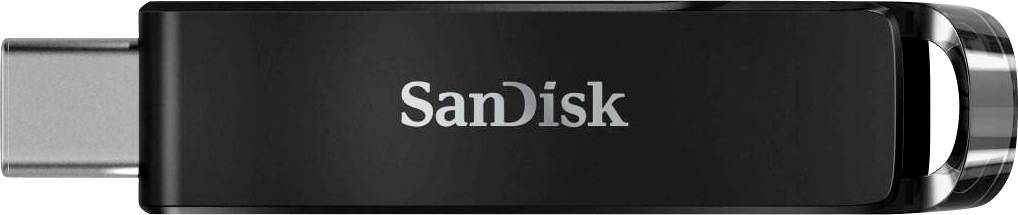 Une clé USB noire de SanDisk avec connecteur USB-C, adaptée au stockage de données sur des ordinateurs et autres appareils.