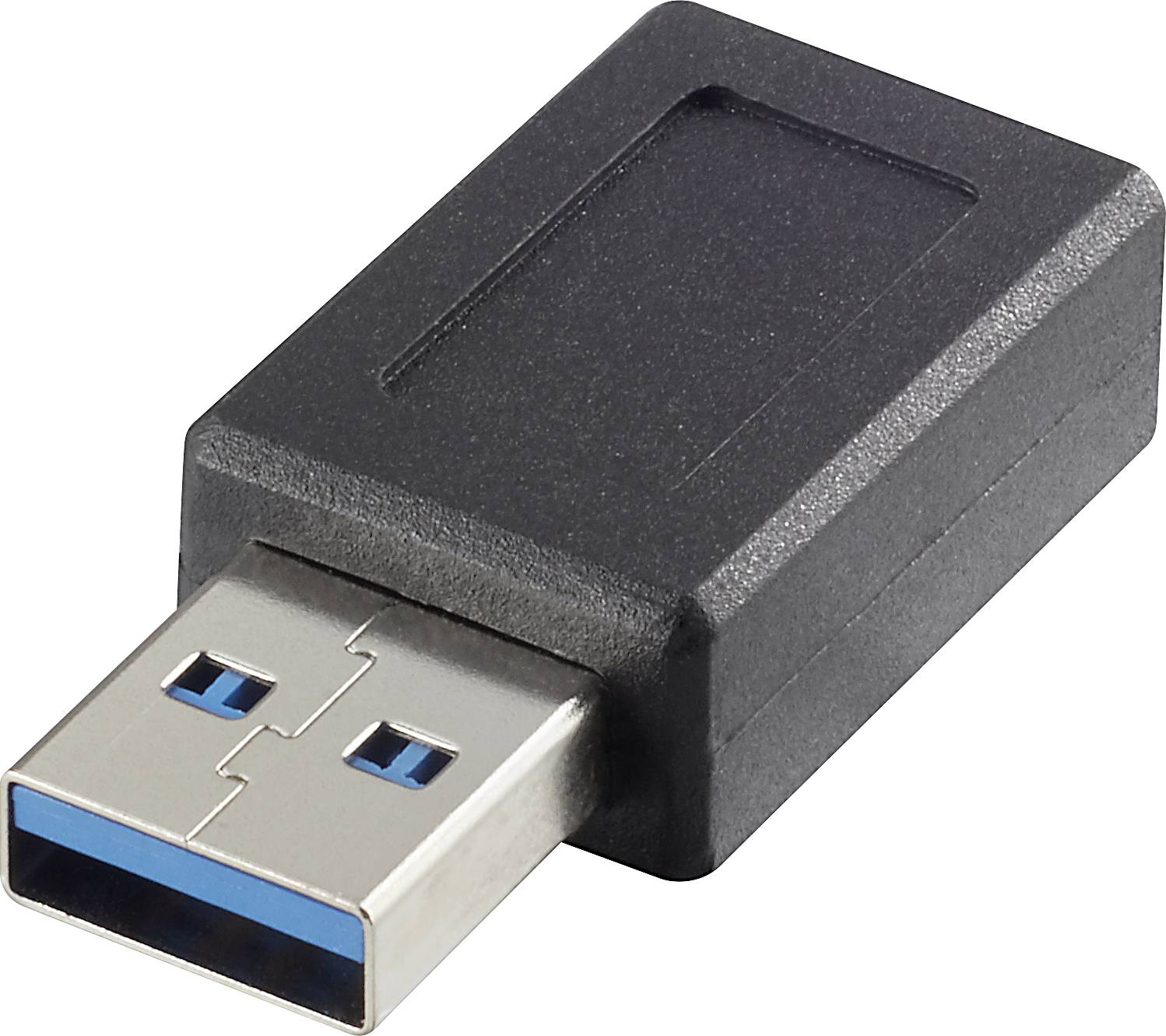 Adaptateur USB noir avec connecteur USB-A et boîtier noir, posé à plat sur un fond blanc.