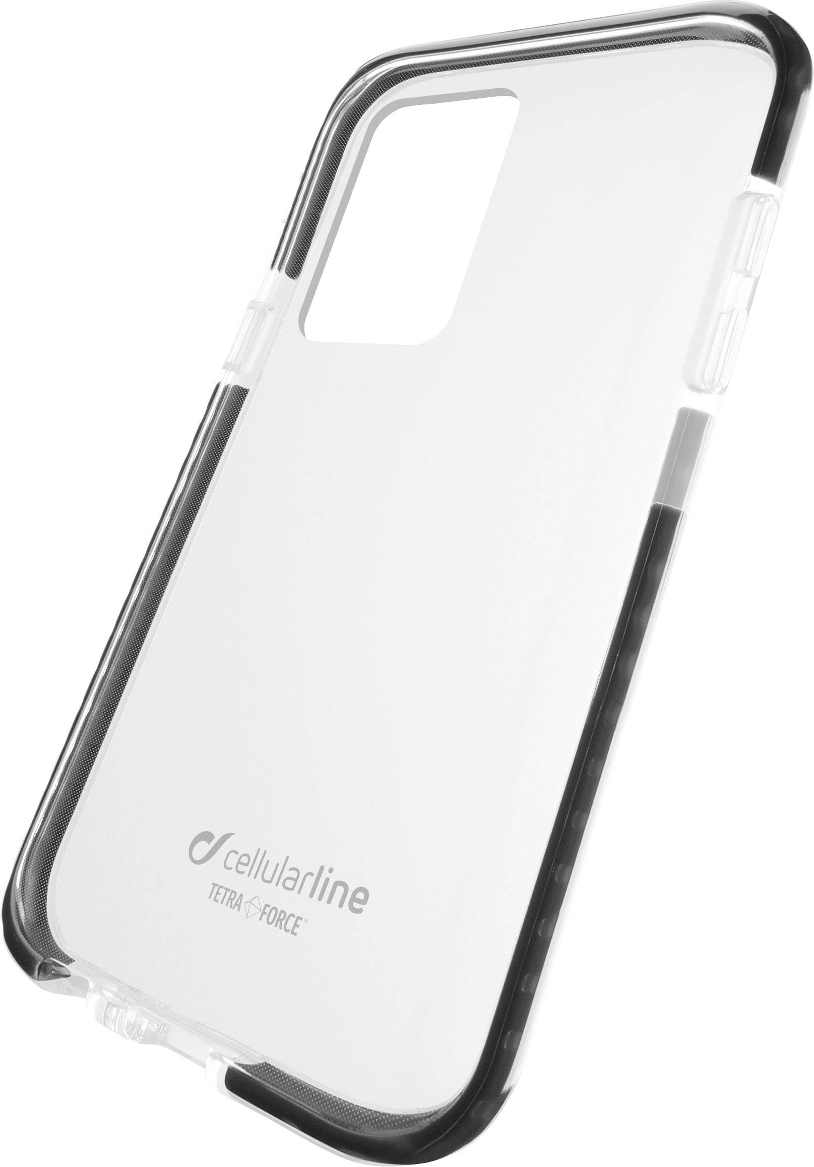 Étui de téléphone transparent en plastique, adapté à la protection d'un smartphone. Logo de marque 'cellularline' et nom de modèle 'Tetra Force'.