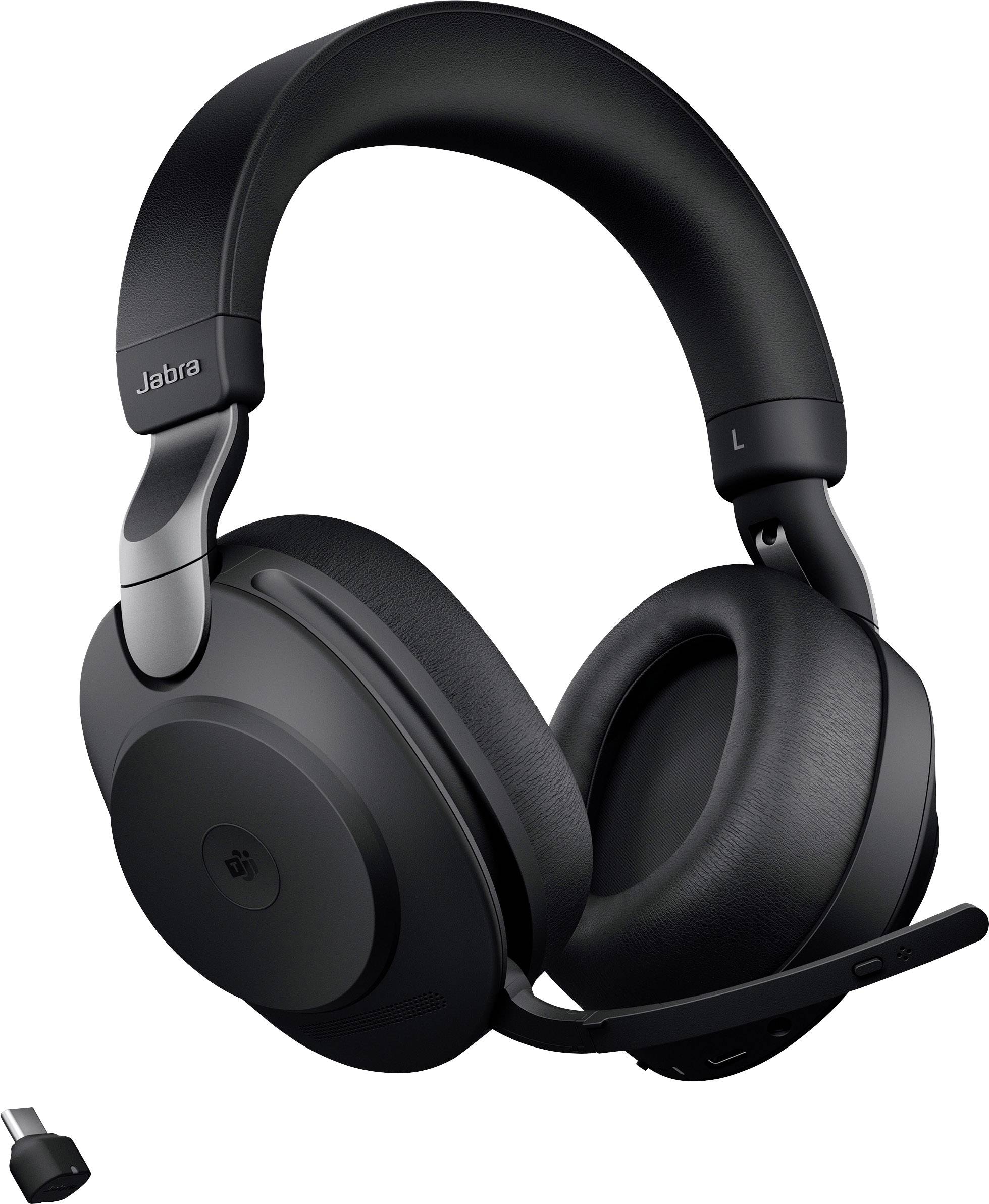 Casque audio noir sans fil avec écouteurs circumauraux et microphone, adapté aux appels téléphoniques et aux conférences vidéo. Dongle USB octogonal à côté.